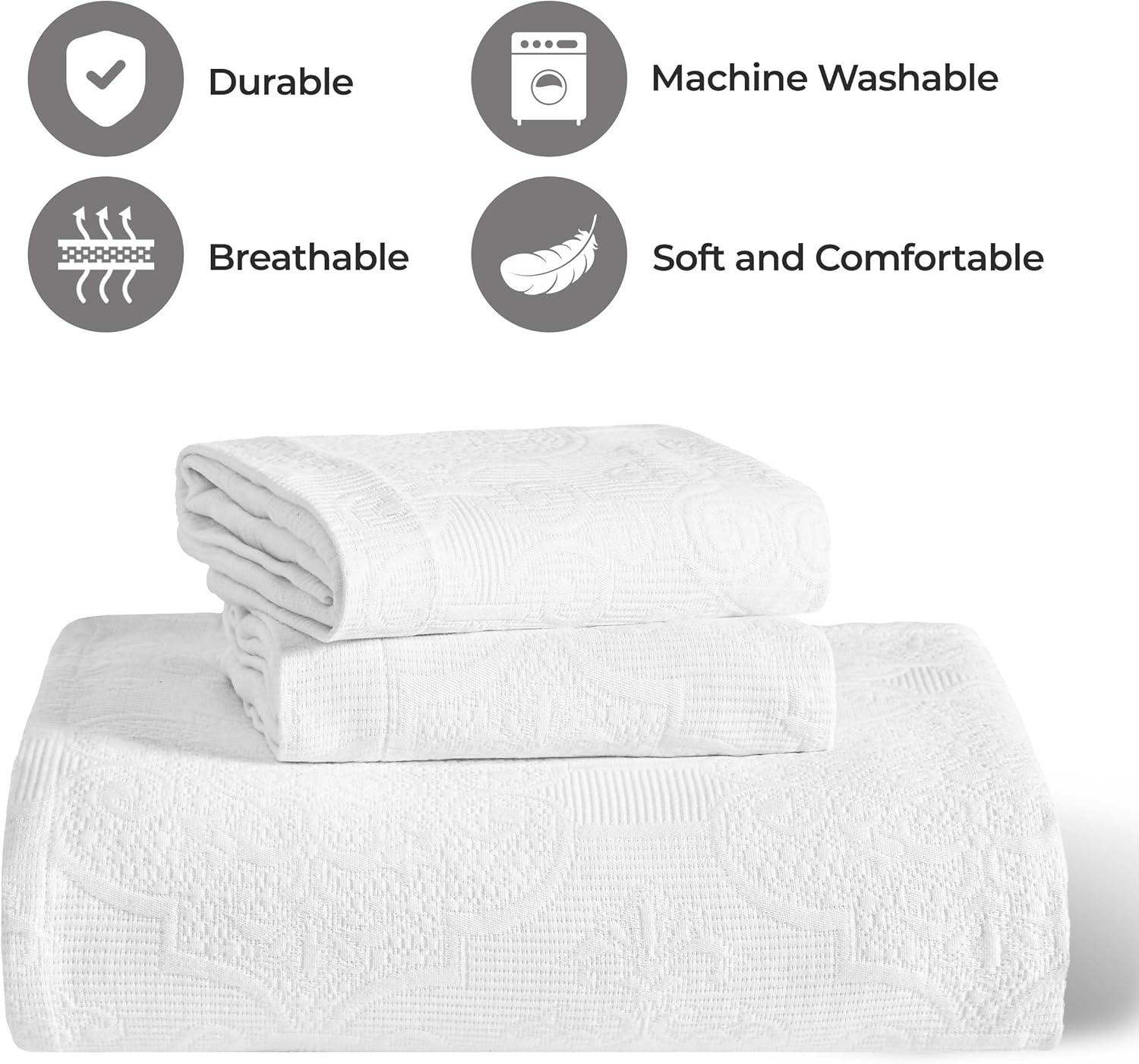 Superior 3-Piece Florin Cotton Matelasse White Bedspread Set, Full