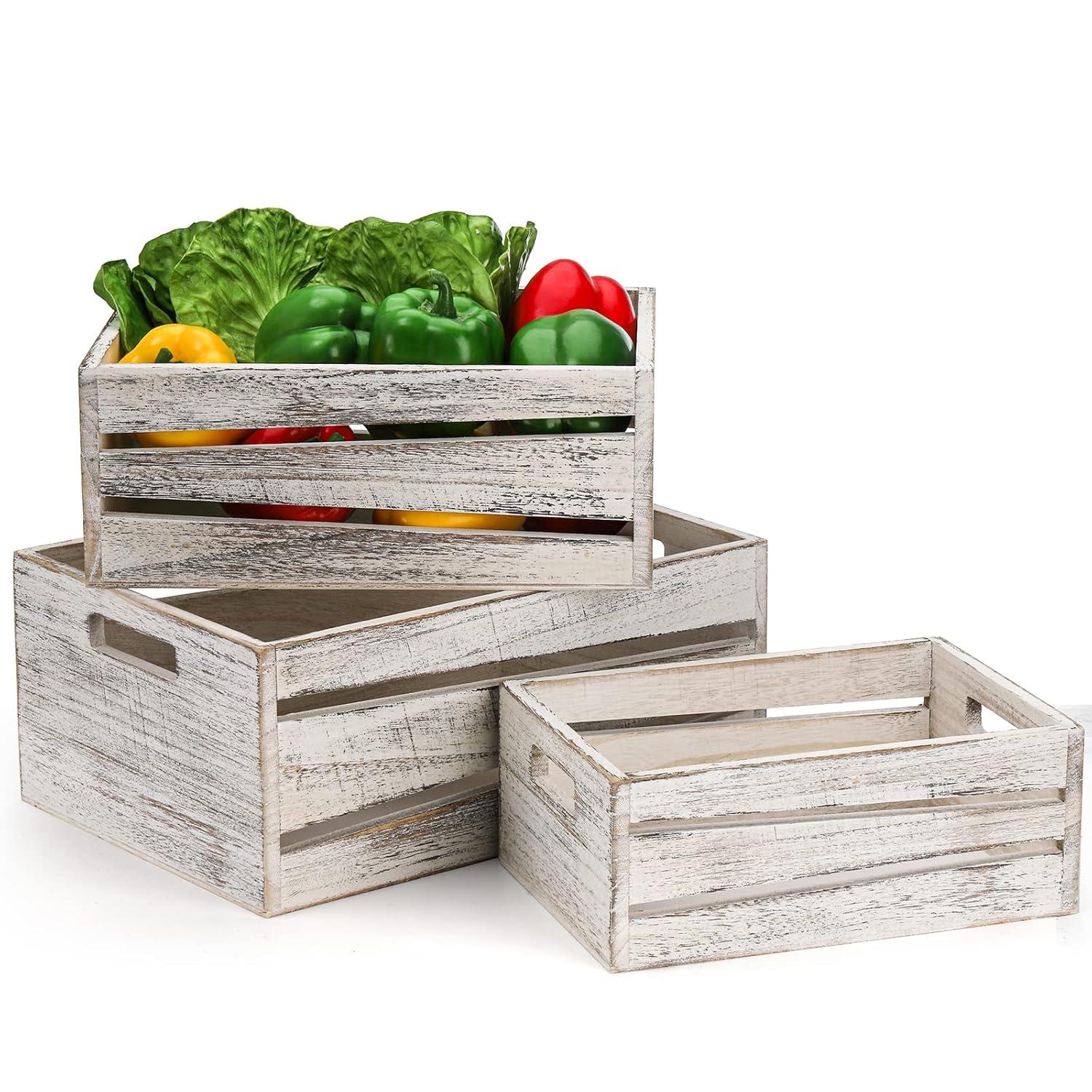 Admired By Nature Wooden Crates Storage Container, Rustic White Set of 3, Farmhouse Style Decorative Baskets for Home Decor, Rustic Decor, Nesting Stackable Organizers, Distressed Wood Crates C21