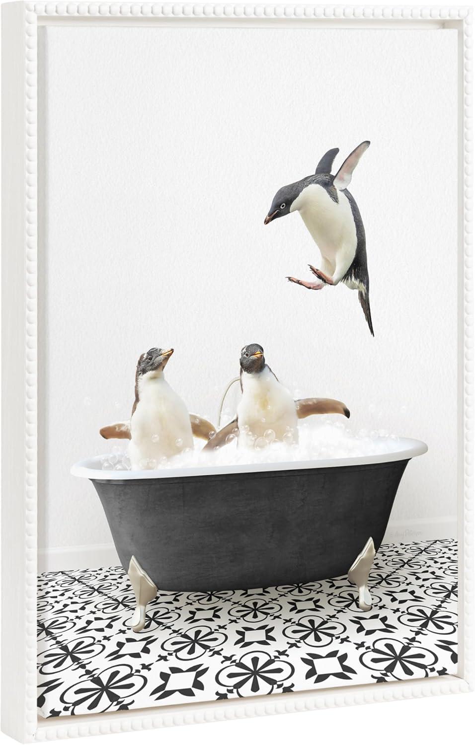 18"x24" White Framed Canvas with Penguins in Bathtub