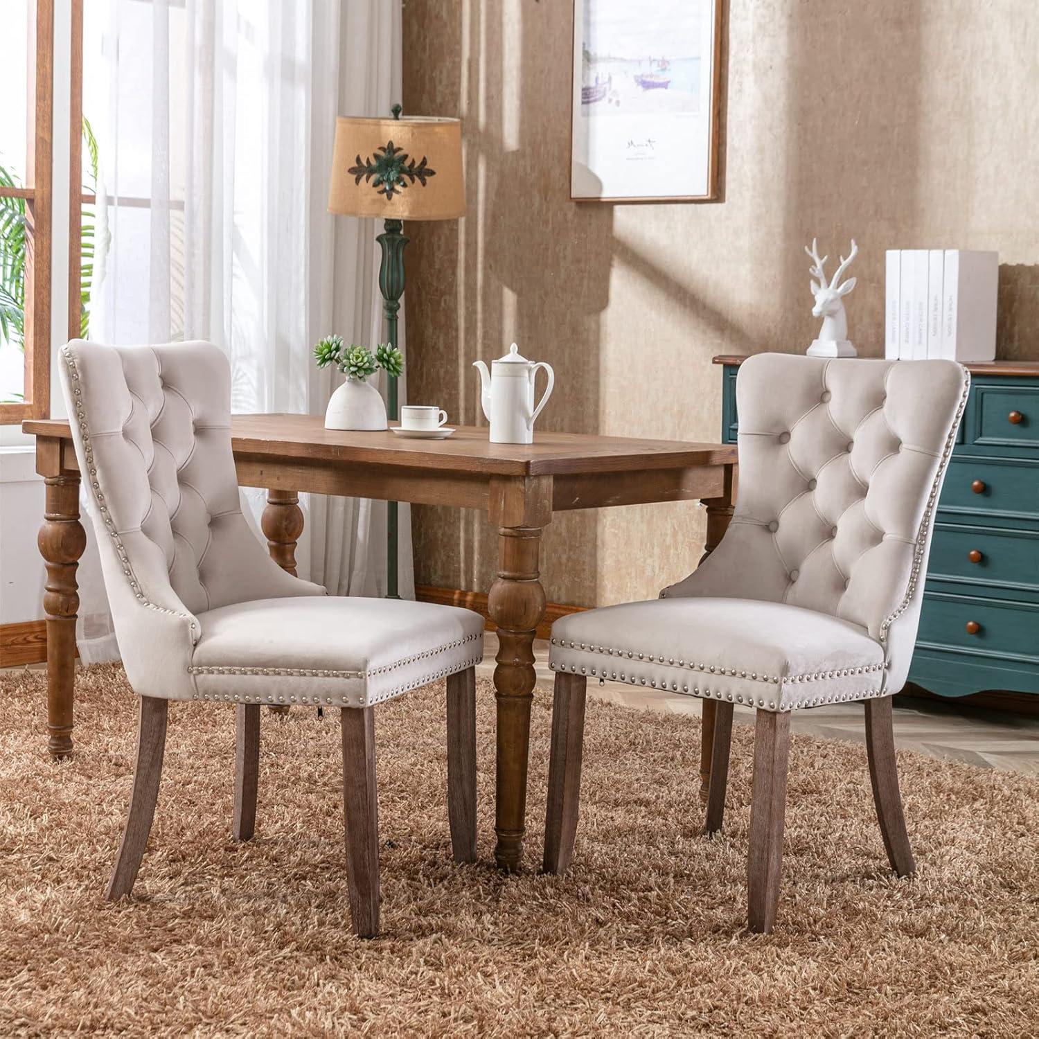 Beige Velvet Dining Chairs Set of 4, Upholstered Dining Room Chairs with Back Ring Pull Trim and Solid Wood Legs, Tufted Wingback Kitchen Chairs for Dining Room,Living Room,Kitchen(Beige)