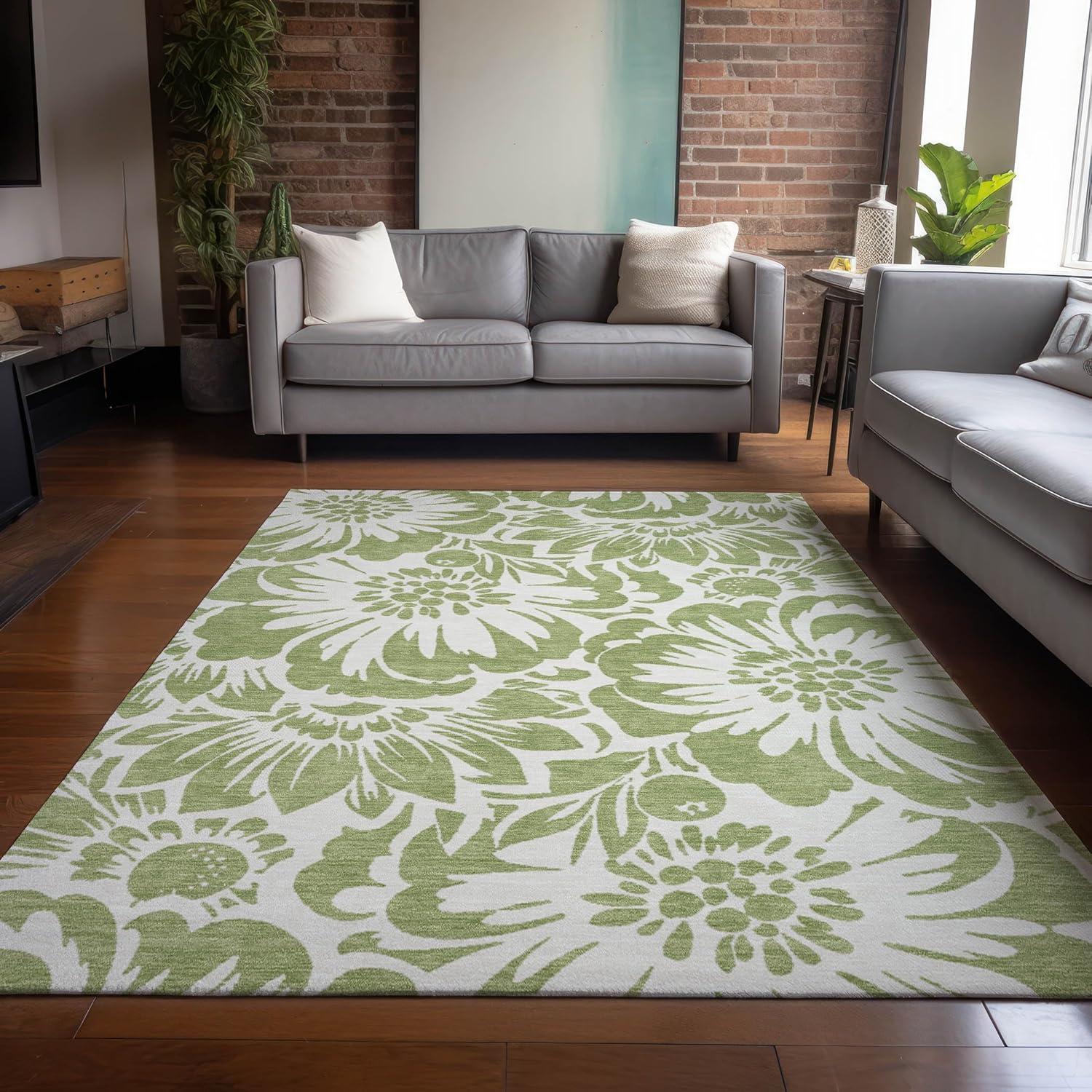 Aloe Green Floral Synthetic Washable 3' x 5' Area Rug