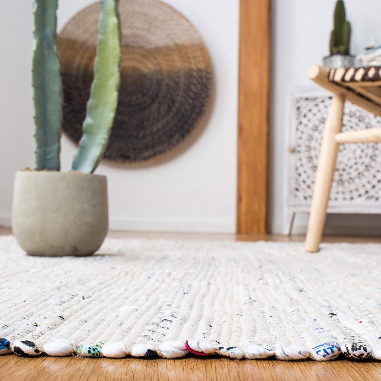 Handwoven White Cotton Stripe Square Area Rug