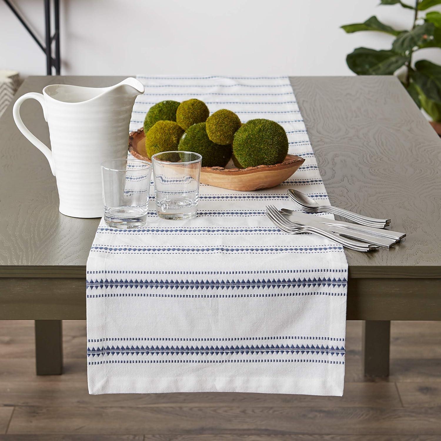 White and French Blue Cotton Striped Table Runner, 14x108