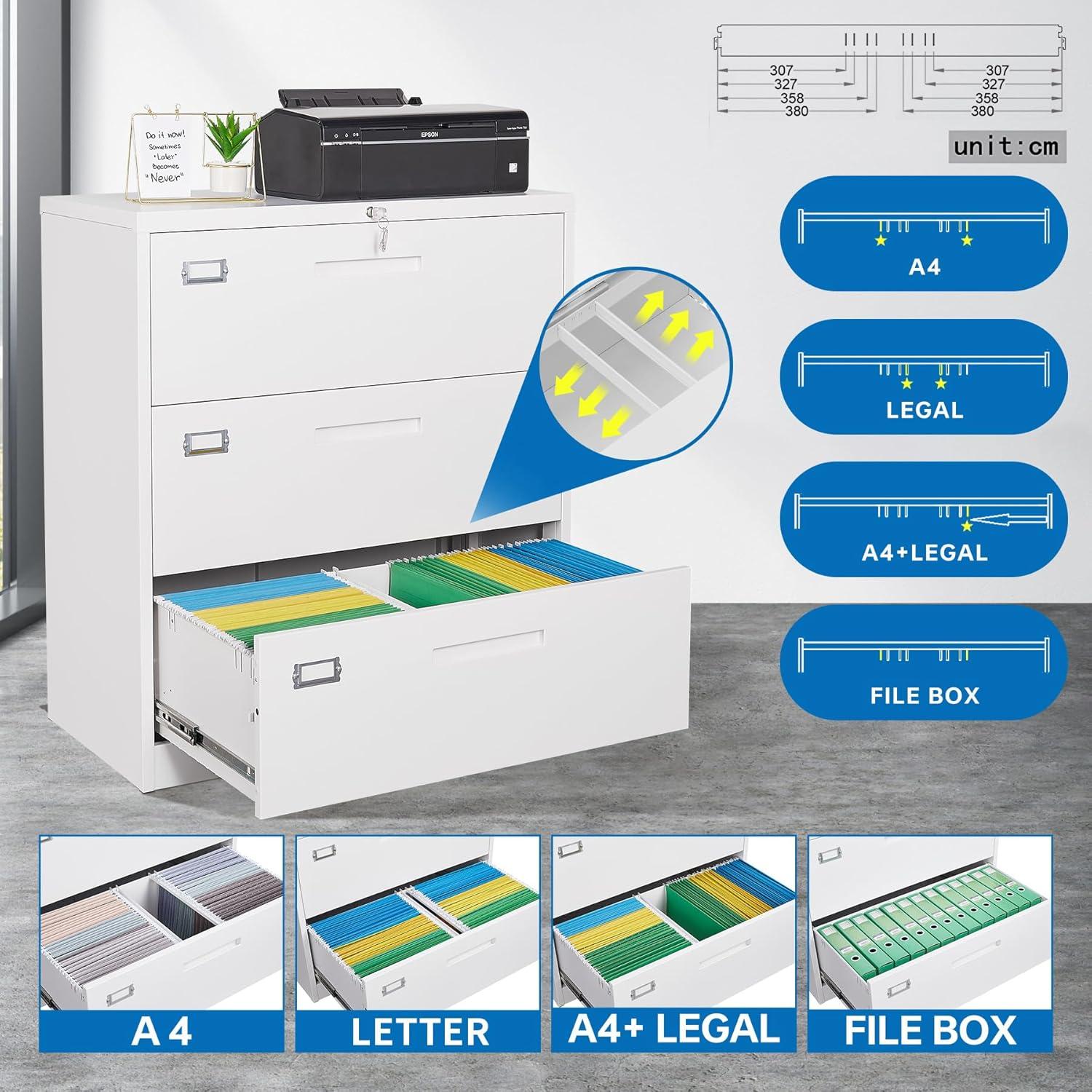 Lateral File Cabinet 3 Drawer,Metal Storage File Cabinet with Lock,Steel Lateral File Cabinet for Legal/Letter A4 Size,Wide File Cabinet for Office Home,Assembly Required