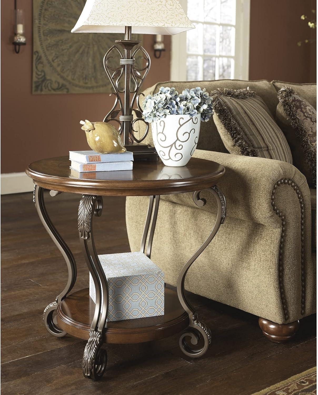 Nestor Contemporary Round End Table with Acanthus Leaf Carvings, Medium Brown