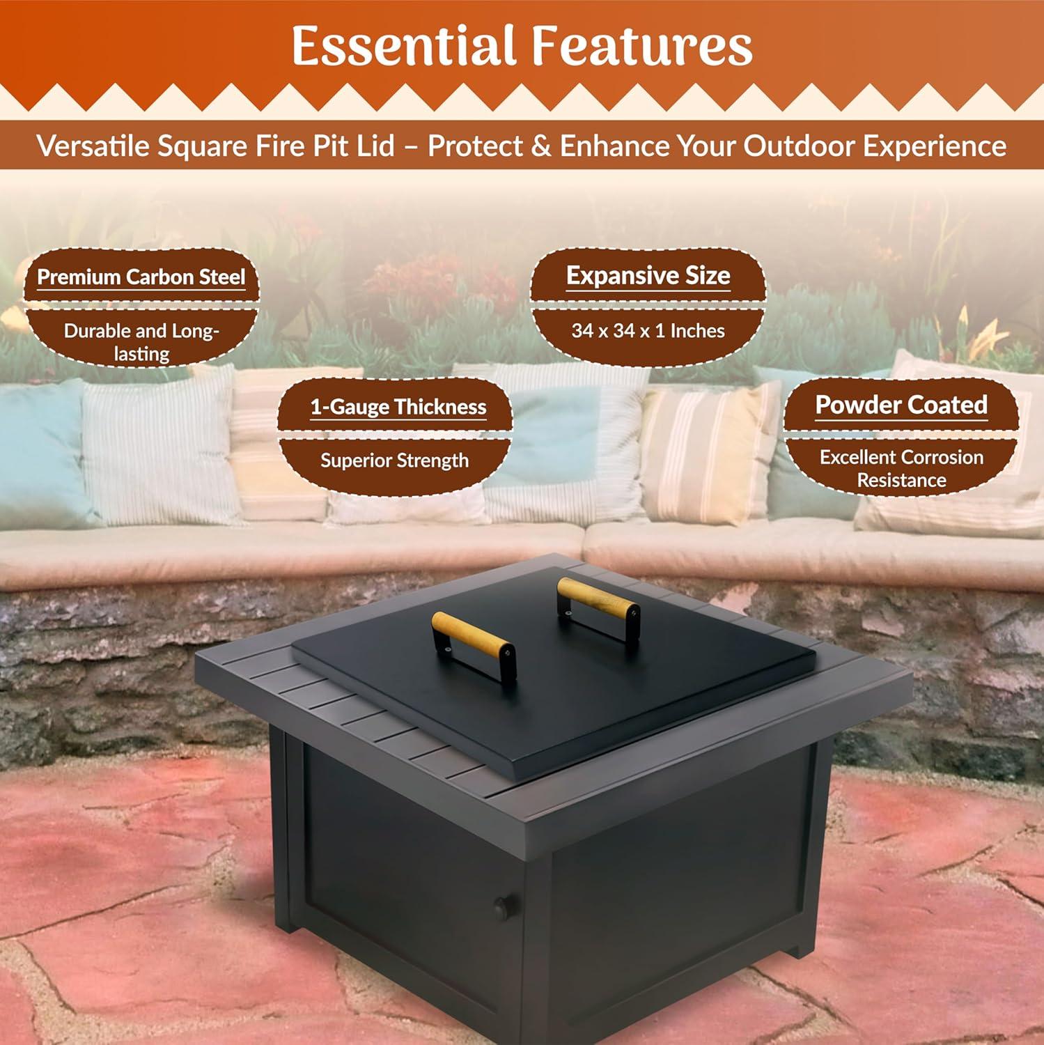 FEBTECH Fire Pit Snuffer Lid - Fire Pit Lid Square 34X34 Fire Pit Cover Square, Rust Resistant Firepit Lid,Carbon Steel Fire Pit Table Lid Square, Compatible For Firepit & Firepit Table Inside Dia Up To 32".