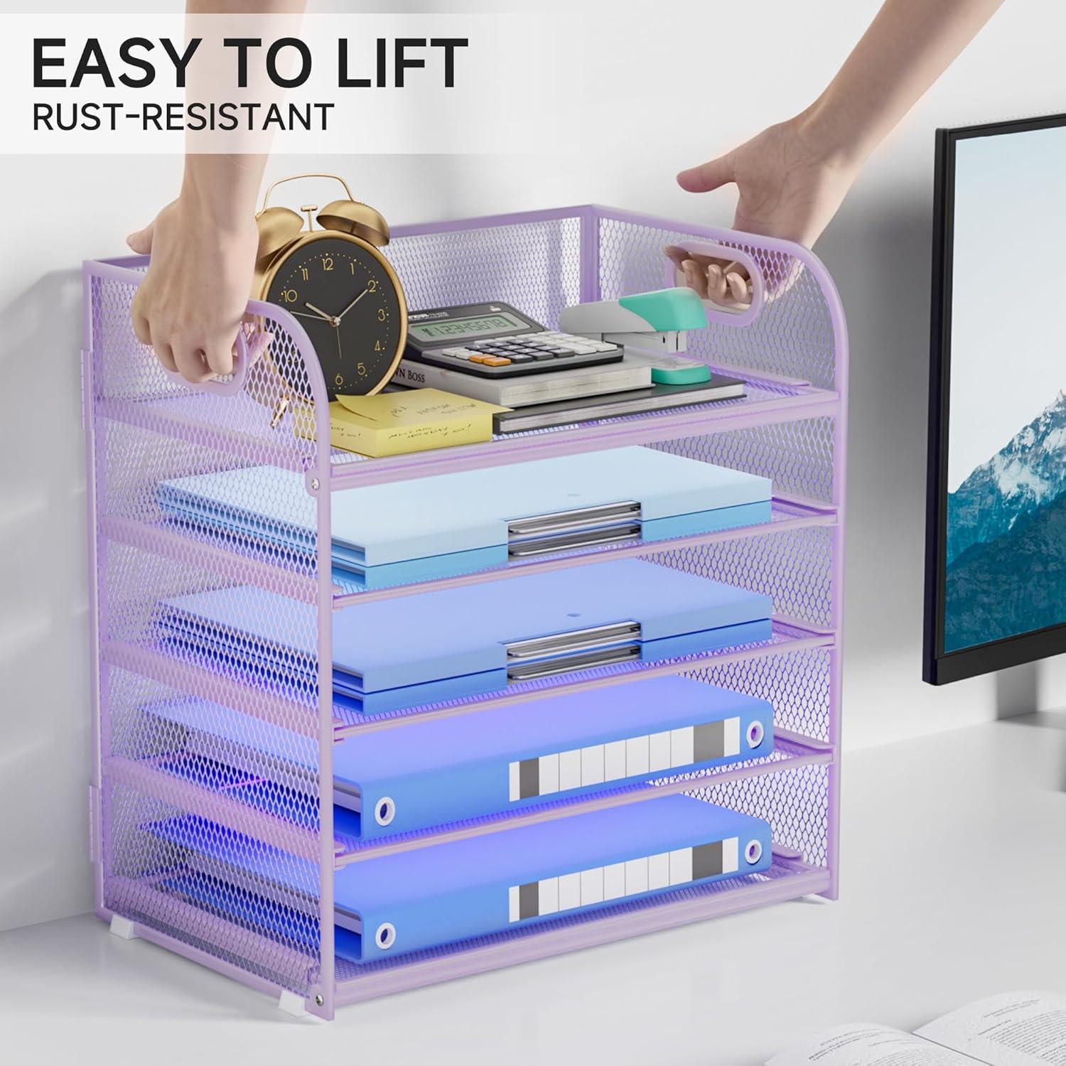 Marbrasse Paper Organizer Letter Tray, 5 Tier Mesh File Organizer with Handle, Paper Sorter Desk Organizer for Home Office Supplies - Purple