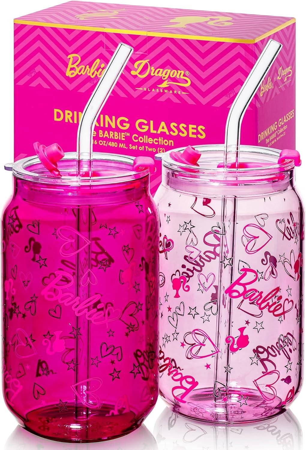 Barbie Pink and Magenta Glass Tumblers with Lids and Straws, Set of 2