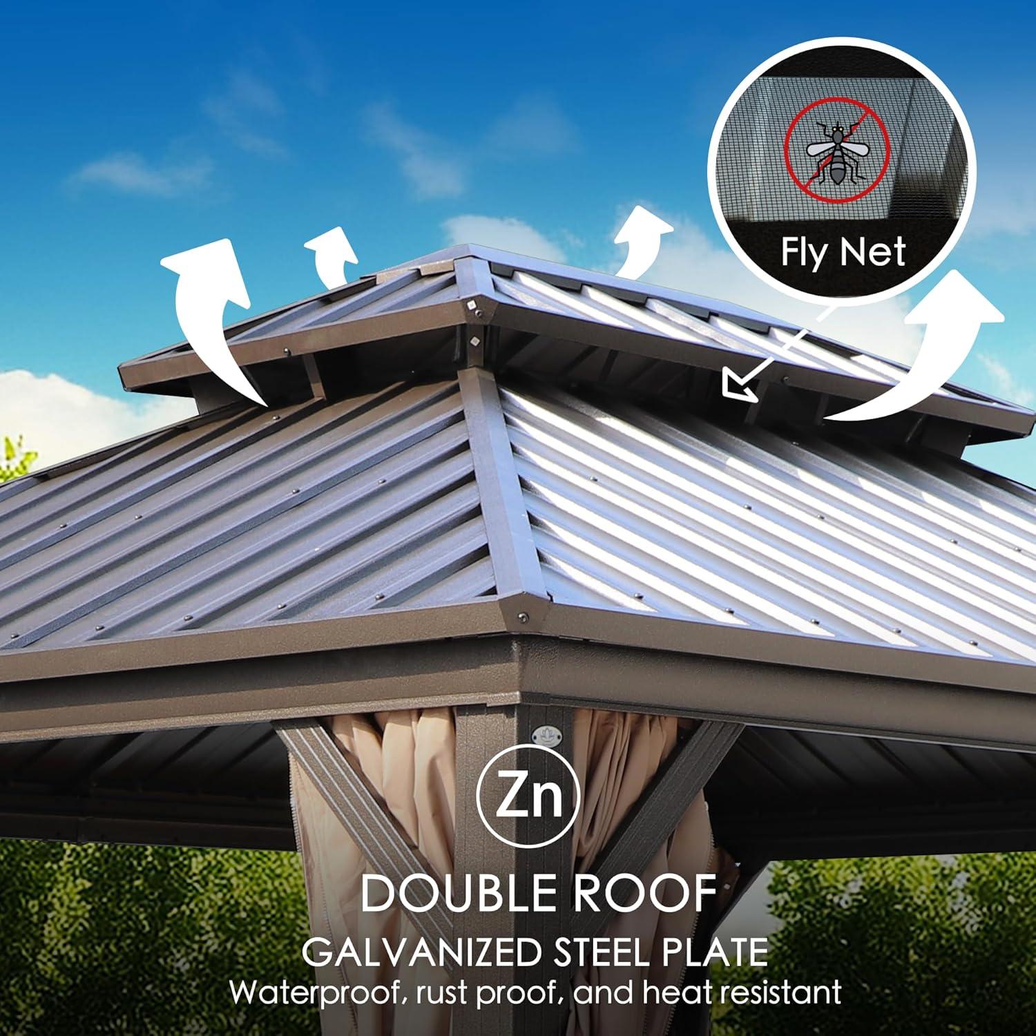 Kozyard Alexander 10?x12? Dark Brown Double Roof Hardtop Gazebo with Curtain and Mosquito Netting