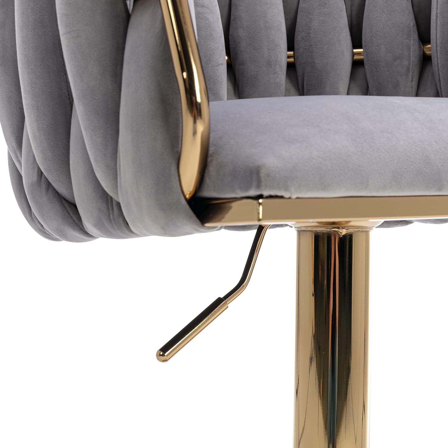 Velvet Bar Stools Set of 2, Counter Height Bar Stools with Low Back, Gold Swivel Barstools for Kitchen Island, Bar Pub (Grey)