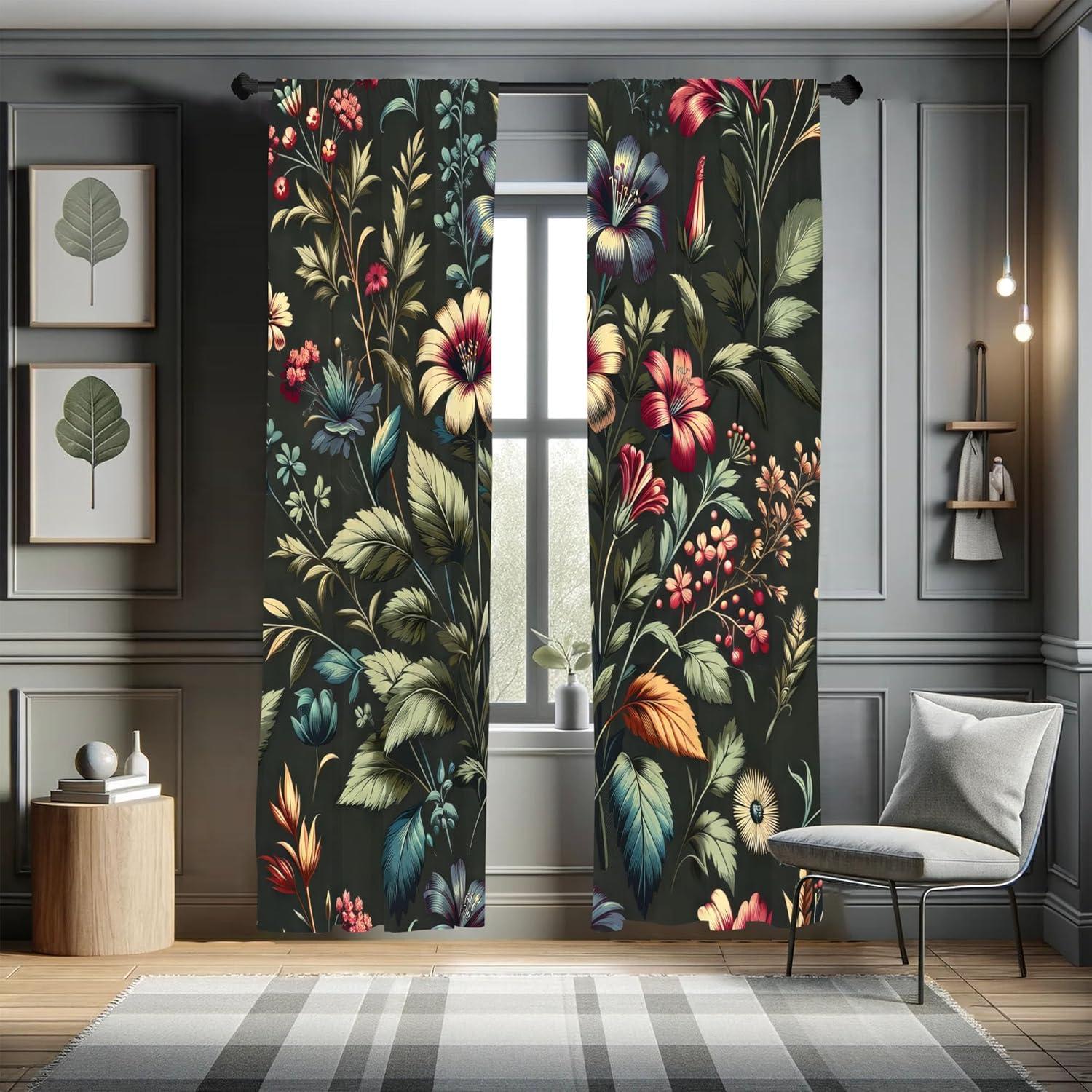 Laurel Green Dark Coral Floral Room-Darkening Curtain Panels, 28" x 63"