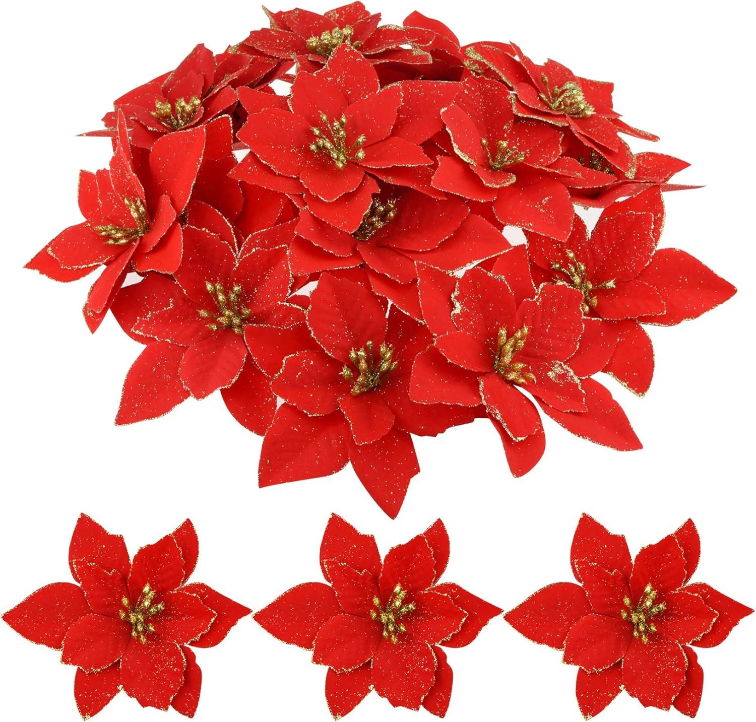 36pcs Glitter Poinsettia Christmas Tree Ornament, Artificial Poinsettia Flowers Decorative Artificial Flowers