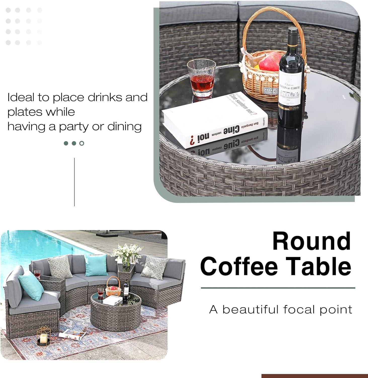 Grey Wicker 7-Piece Half-Moon Outdoor Sofa Set with Coffee Table