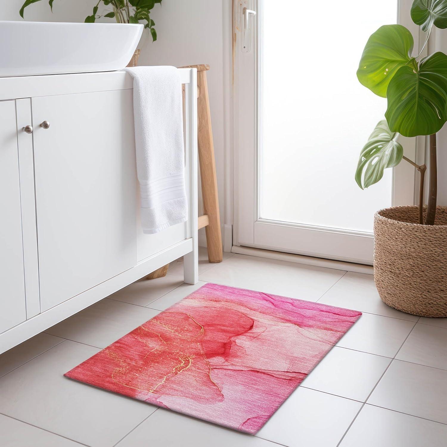 Pink Synthetic Washable Rectangular Area Rug