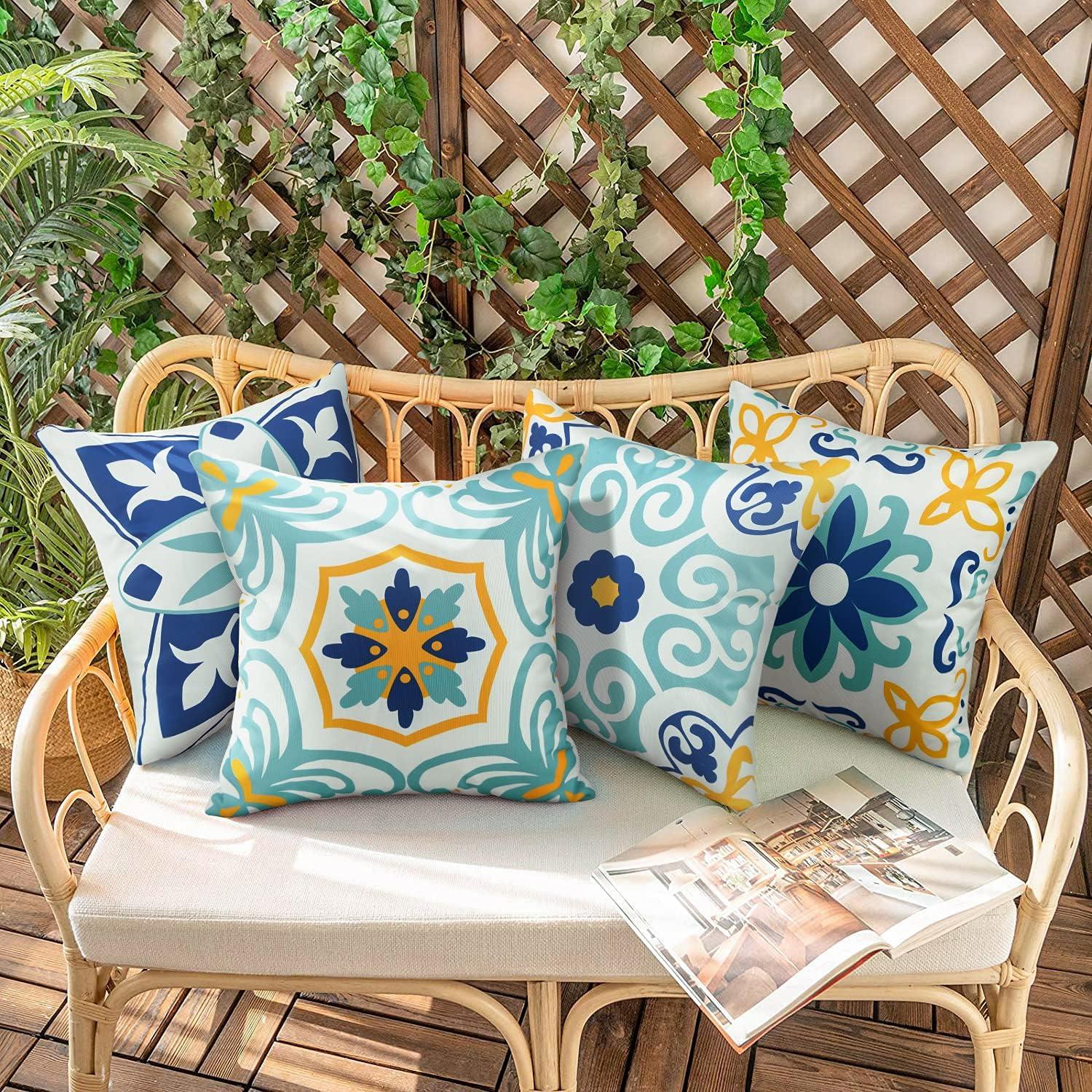 Set of 4 Blue and Yellow Boho Floral Waterproof 18" Square Pillow Covers