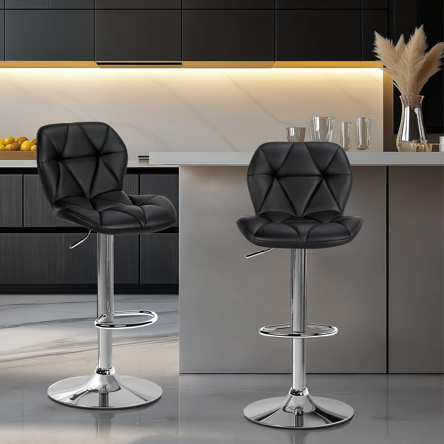 Modern Black Faux Leather Adjustable Swivel Bar Stools, Set of 2