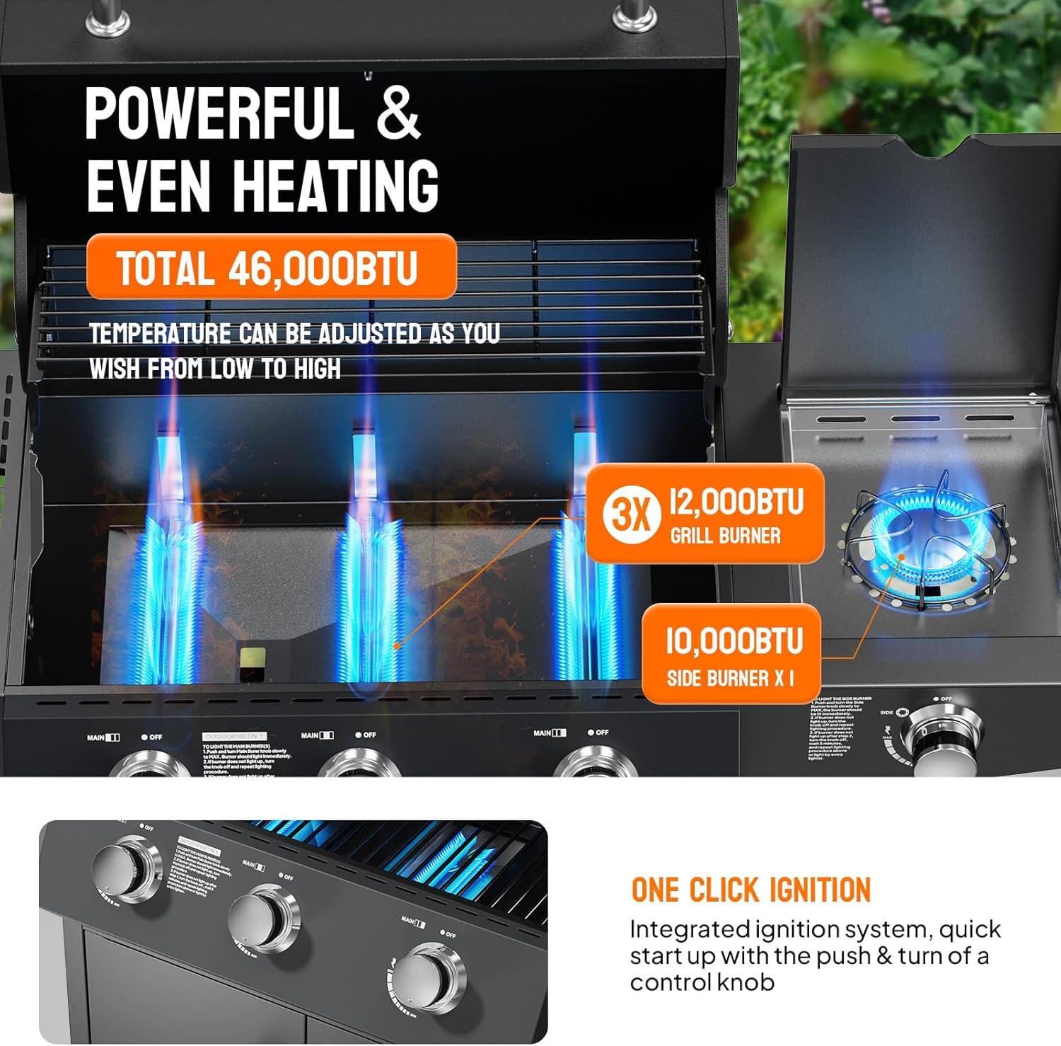 3 Burner Propane Gas Grill With Side Burner