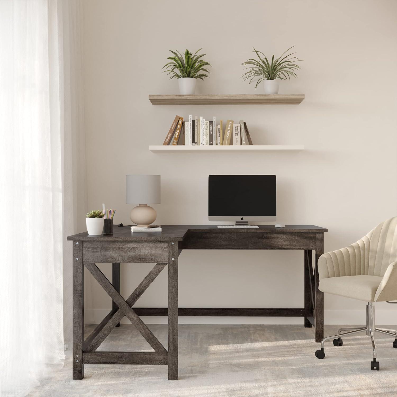 Dark Gray Oak L-Shaped Computer Desk with X-Pattern Legs