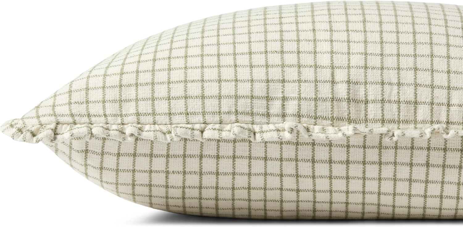 Ivory and Moss Cotton Gridded Throw Pillow with Ruffles, 16'' x 26''