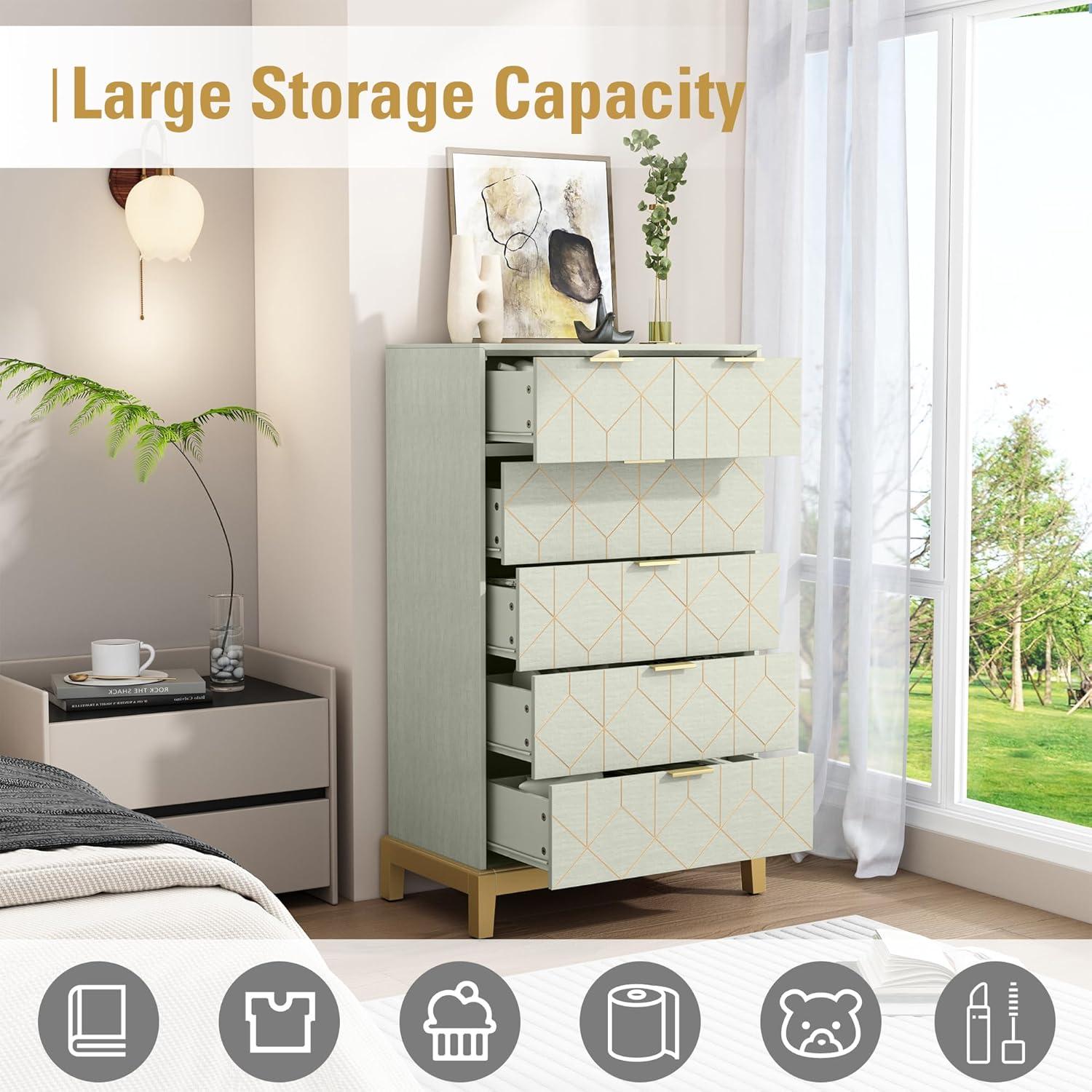 33.7"H Wooden Gold Lines Dressers Chest of drawers 3 Layers 6 Drawers for Bedroom, Entryway, Dressingroom,Green