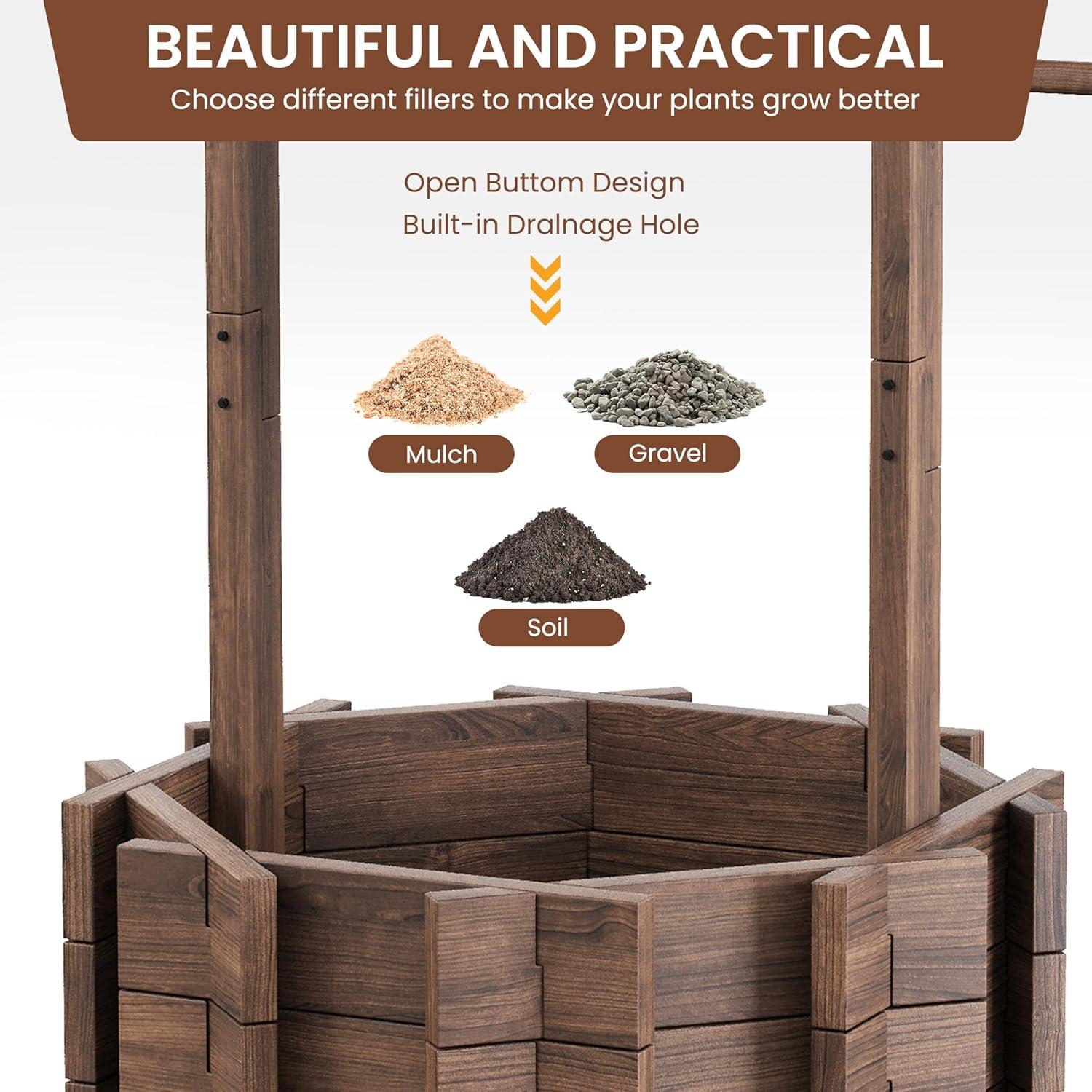 Rustic Brown Fir Wood Hanging Wishing Well Planter