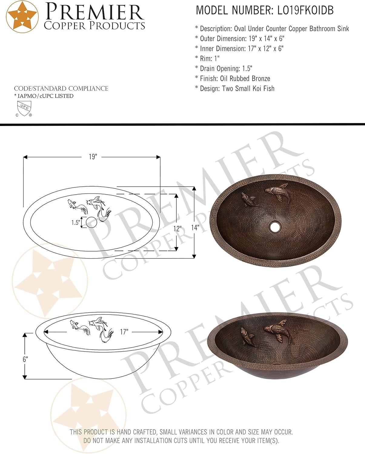 19" Oval Under Counter Hammered Copper Bathroom Sink with Koi Fish Design