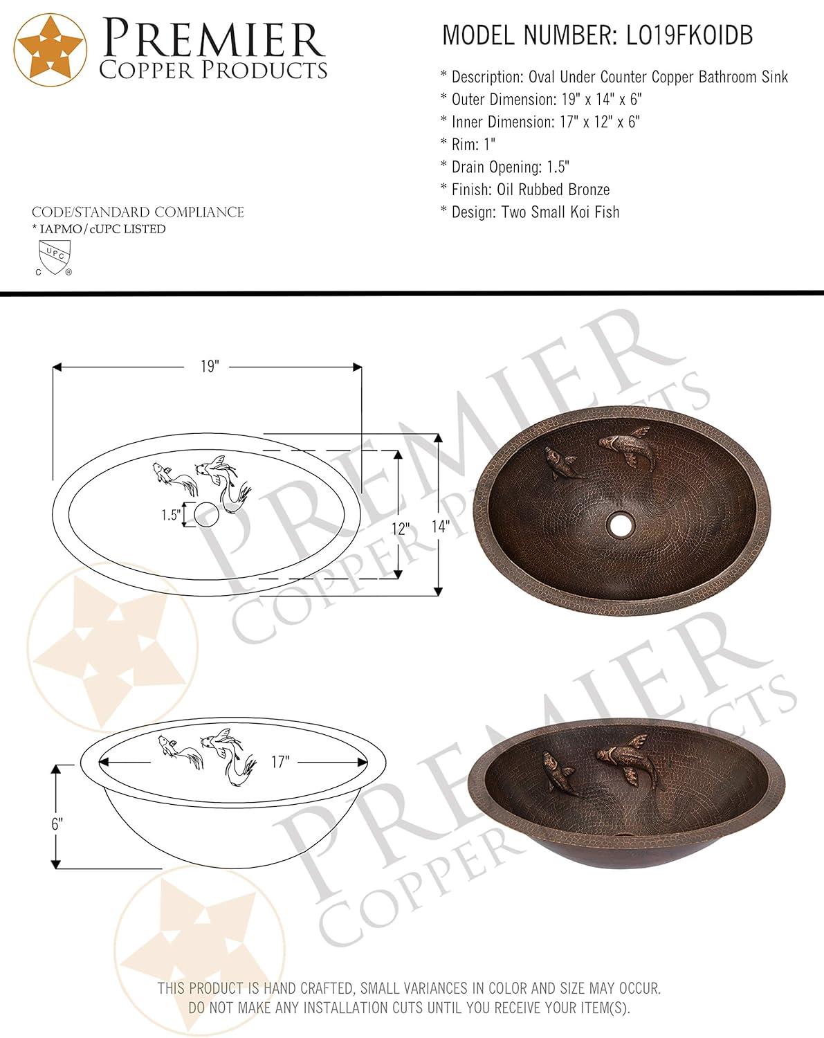 19" Oval Under Counter Hammered Copper Bathroom Sink with Koi Fish Design
