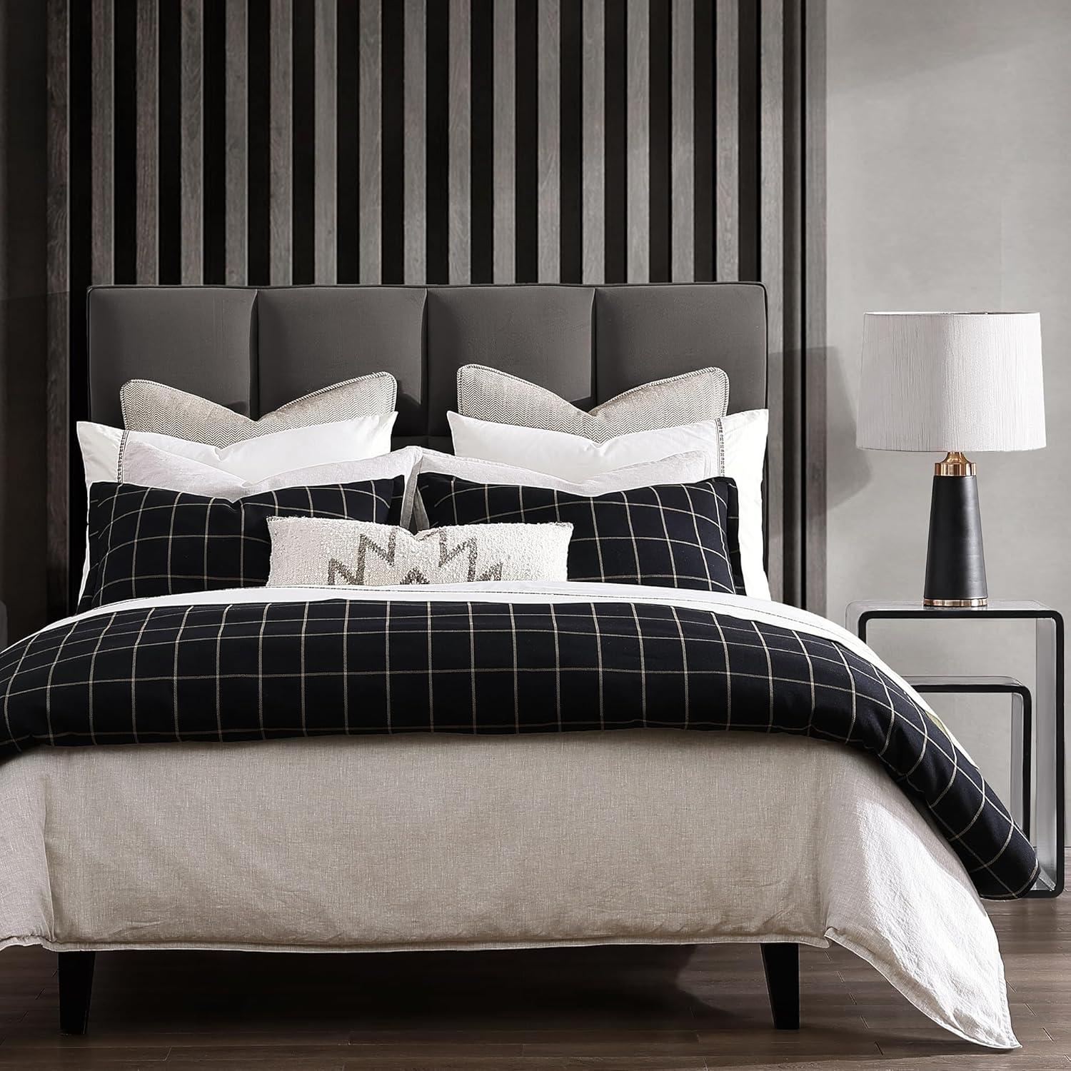 Super King Black Cotton Windowpane Plaid Duvet Cover Set