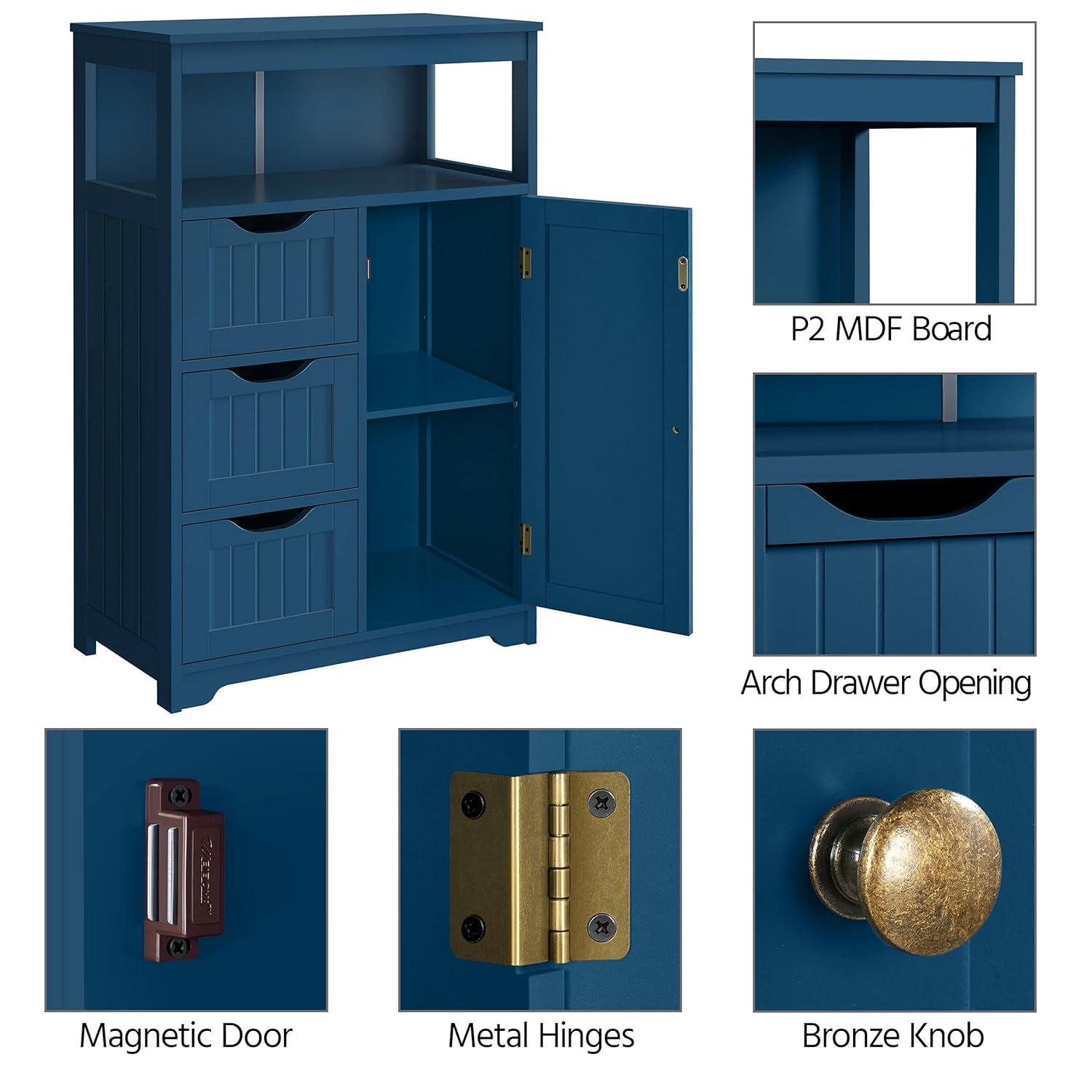 Topeakmart Wood Bathroom Floor Cabinet, Free Standing Storage Cabinet with 3 Drawers and Cupboard for Hallway/Entryway/Living Room Accent Furniture, Navy Blue