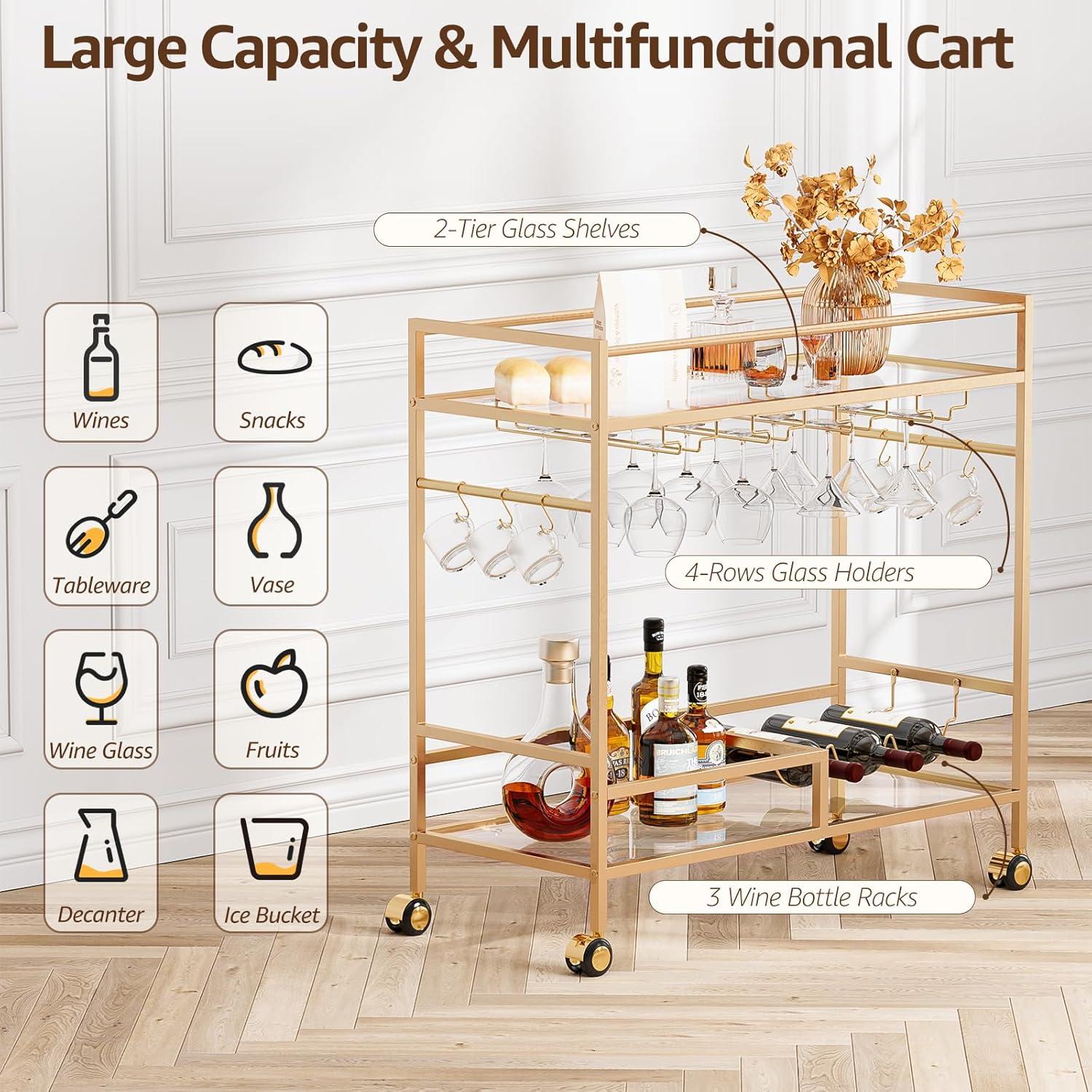 Gold Mirrored Glass Bar Cart with Wine Rack and Storage