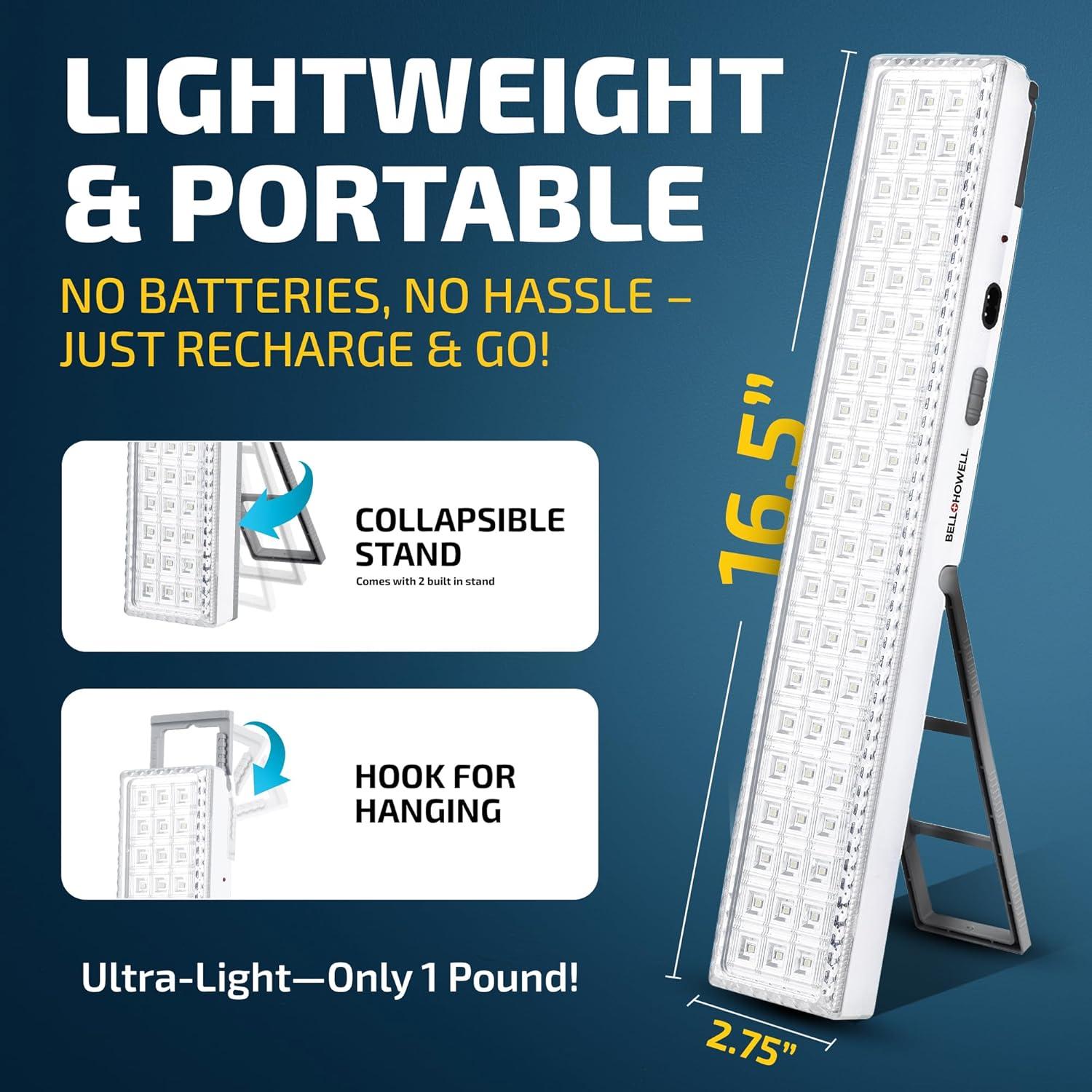 Bell+Howell Light Bar, 720-Lumens Rechargeable Portable Lamp with Folding Stand and Hanger