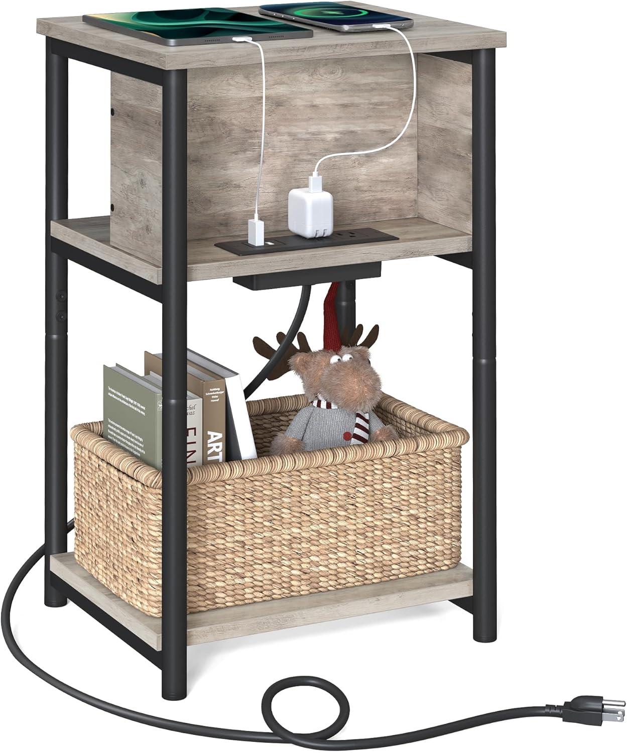 Greige and Black Metal 3-Tier Side Table with Charging Station