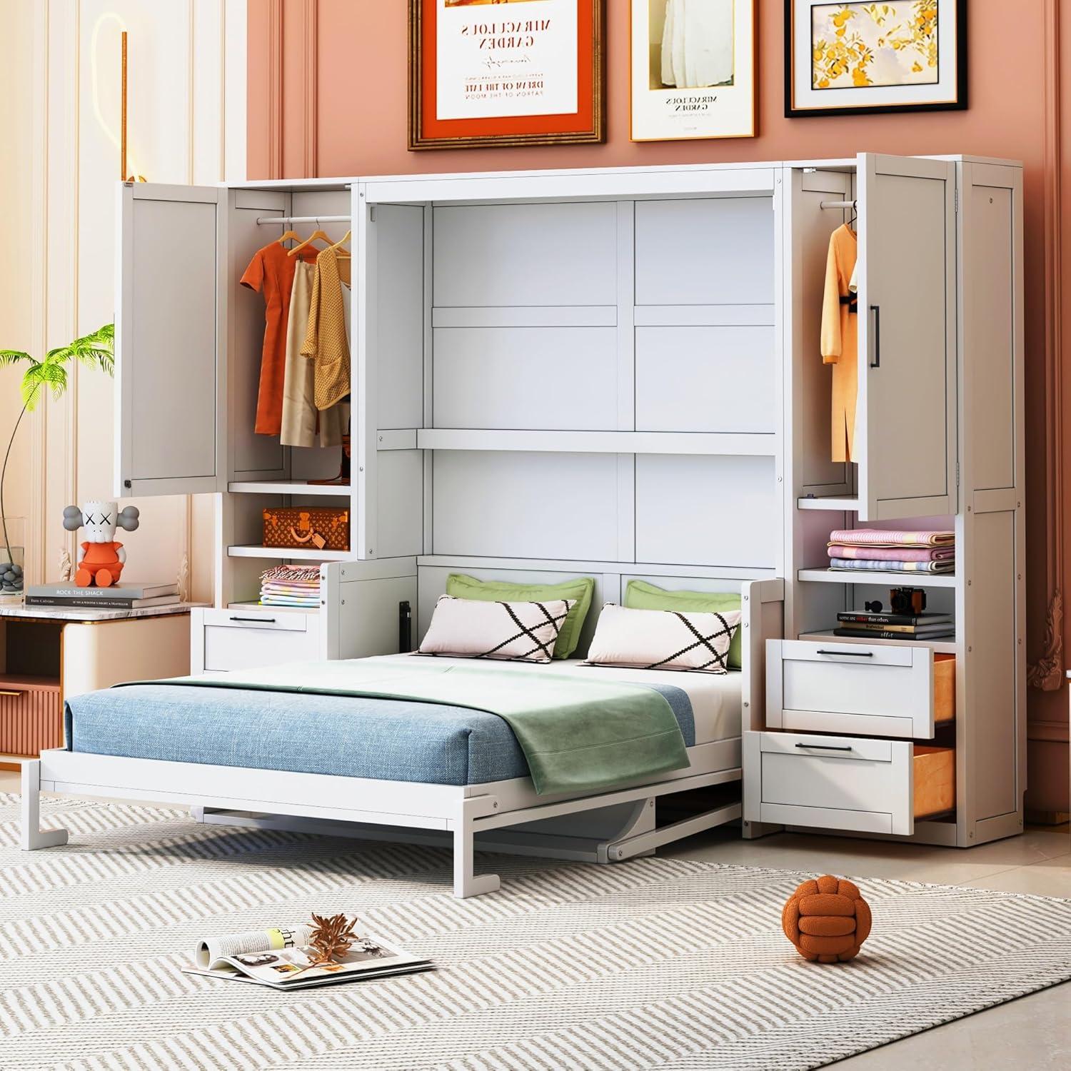 Harper & Bright Designs Queen Size Murphy Bed, Wooden Queen Wall Bed with Closet, Drawers and Shelves, White