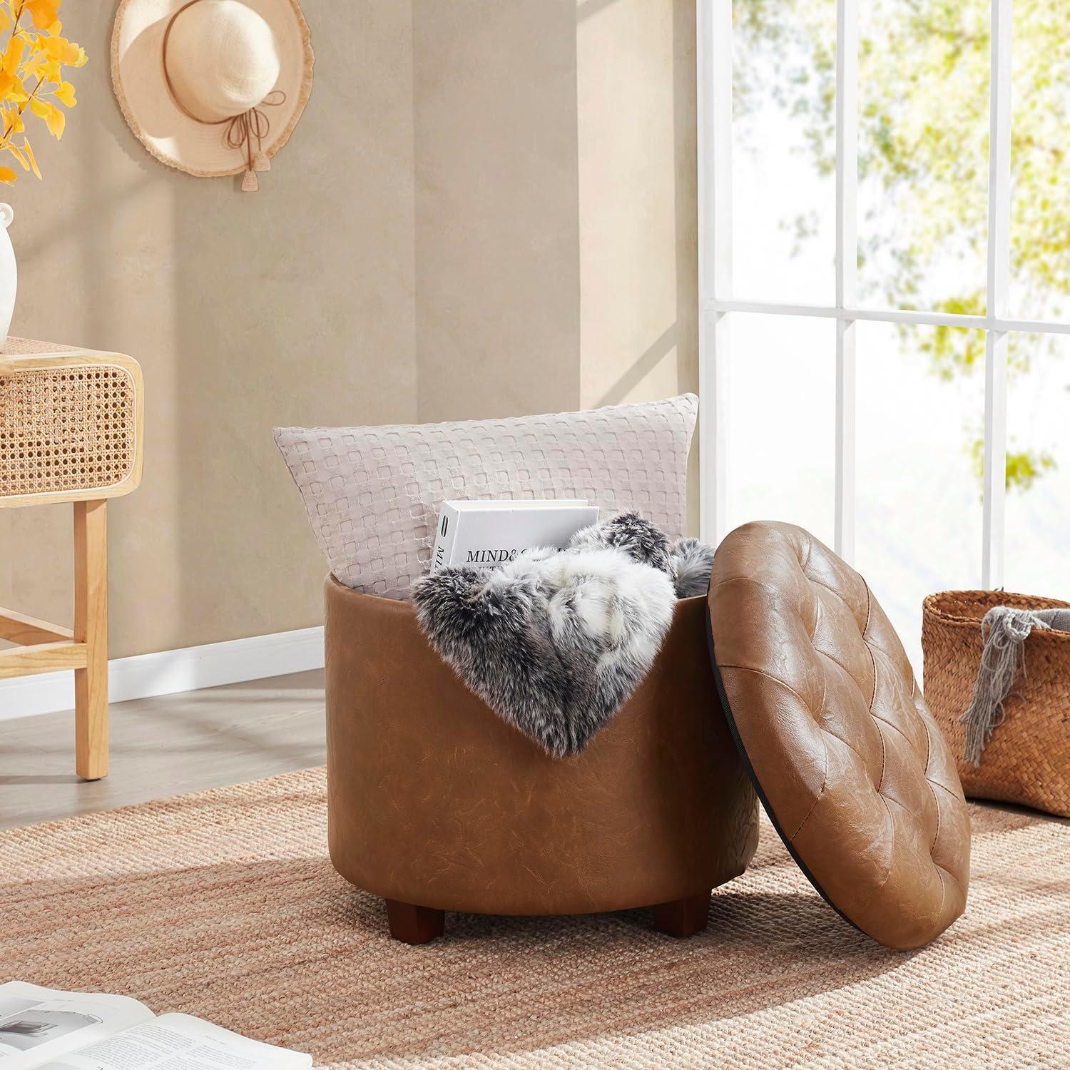 Ornavo Home Faux Leather Upholstered Round Tufted Storage Ottoman with Wooden Legs - Mocha