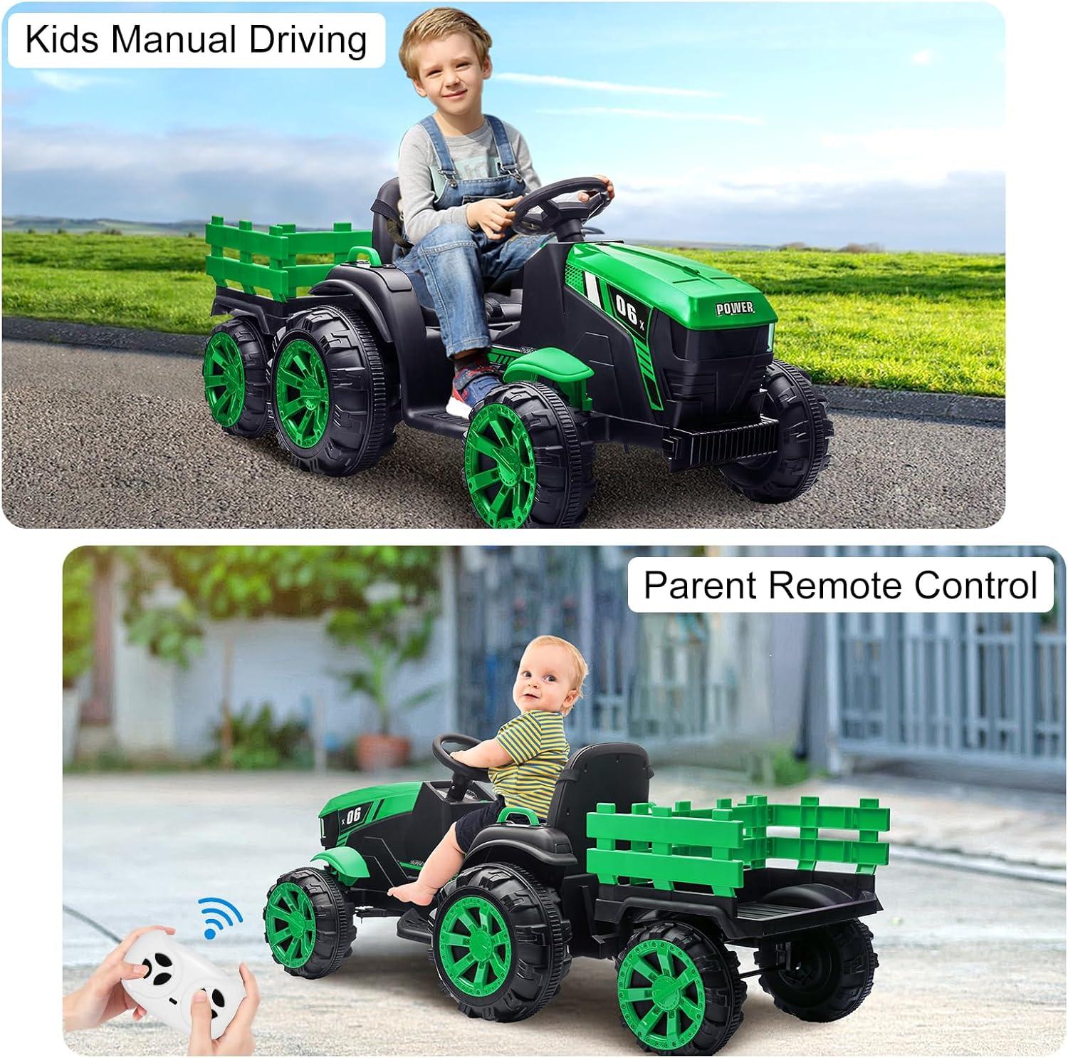 Jojoka Kids Ride On Tractor with Trailer, 12V Battery Powered Ride On Car with Remote Control, 2*35W Motors, 6 Wheels, LED Lights, Music, Electric Ride On Toys for 3-8 Years Boys & Girls, Green