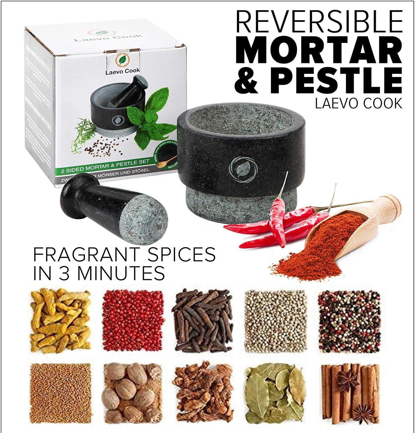 Mortar and Pestle Large Set - Laevo Black Granite Stone Spice Grinder, 2.1 Cup Capacity, 5.5 Inches - Reversible Molcajete Mexicano - Guacamole, Spices - Large Mortar and Pestles Set