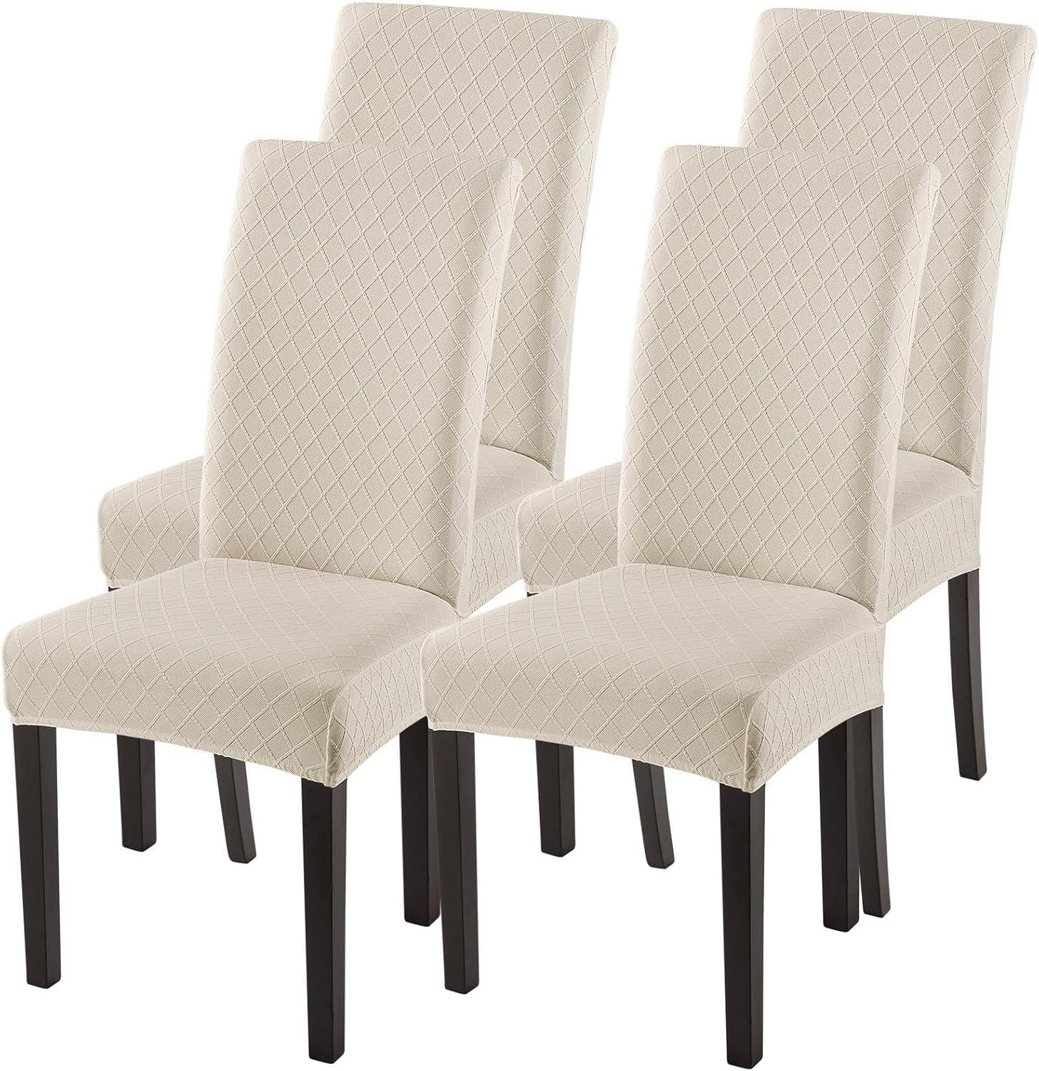 Beige Stretch Jacquard Dining Chair Covers, Set of 4