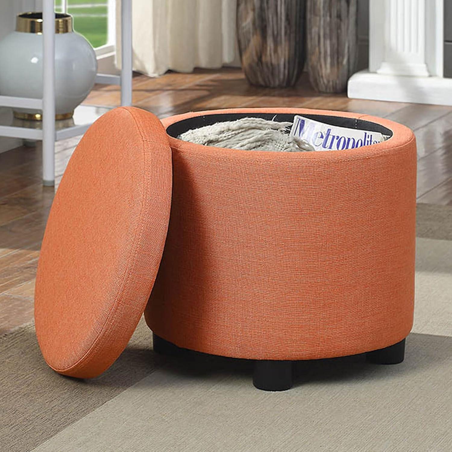 Coral Faux Linen Round Storage Ottoman with Reversible Tray