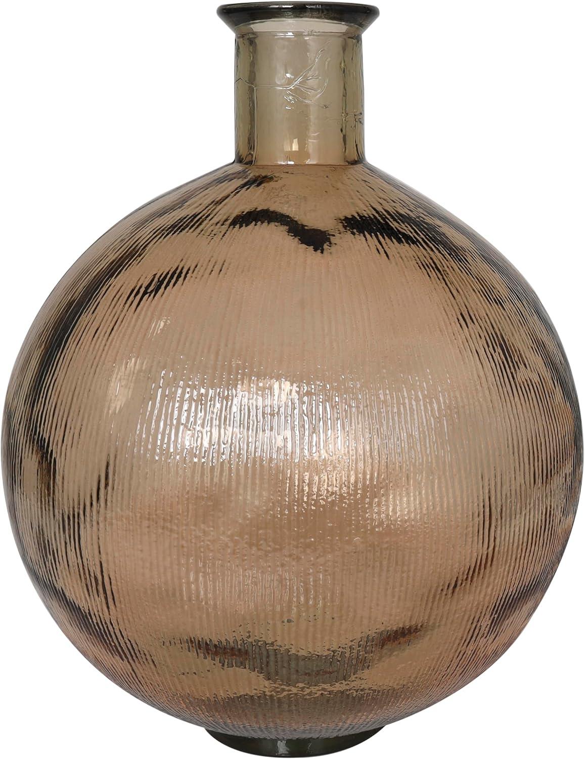 Deco 79 Recycled Glass Handmade Decorative Vase Spanish Bottle Neck Ribbed Centerpiece Vase, Flower Vase for Home Decoration 13" x 13" x 17", Brown