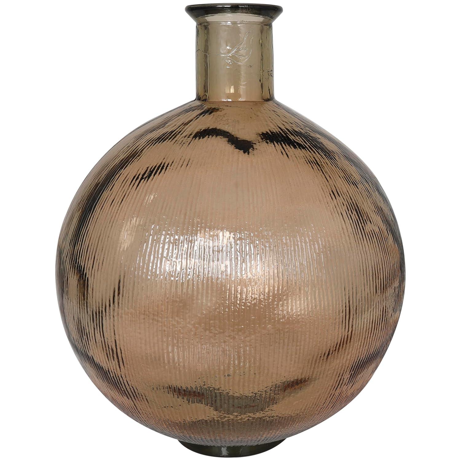 Deco 79 Recycled Glass Handmade Decorative Vase Spanish Bottle Neck Ribbed Centerpiece Vase, Flower Vase for Home Decoration 13" x 13" x 17", Brown