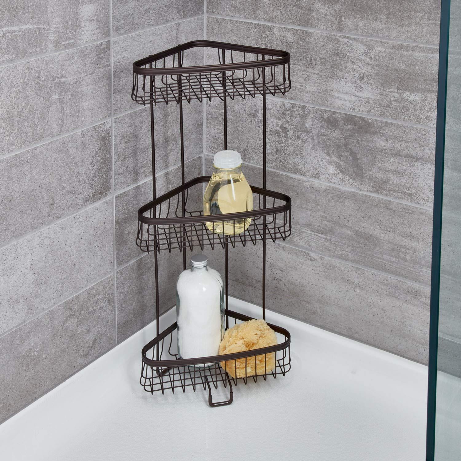 InterDesign iDesign York Metal Wire Corner Standing Shower Caddy 3-Tier Bath Shelf Baskets for Towels, Soap, Shampoo, Lotion, Accessories, Bronze