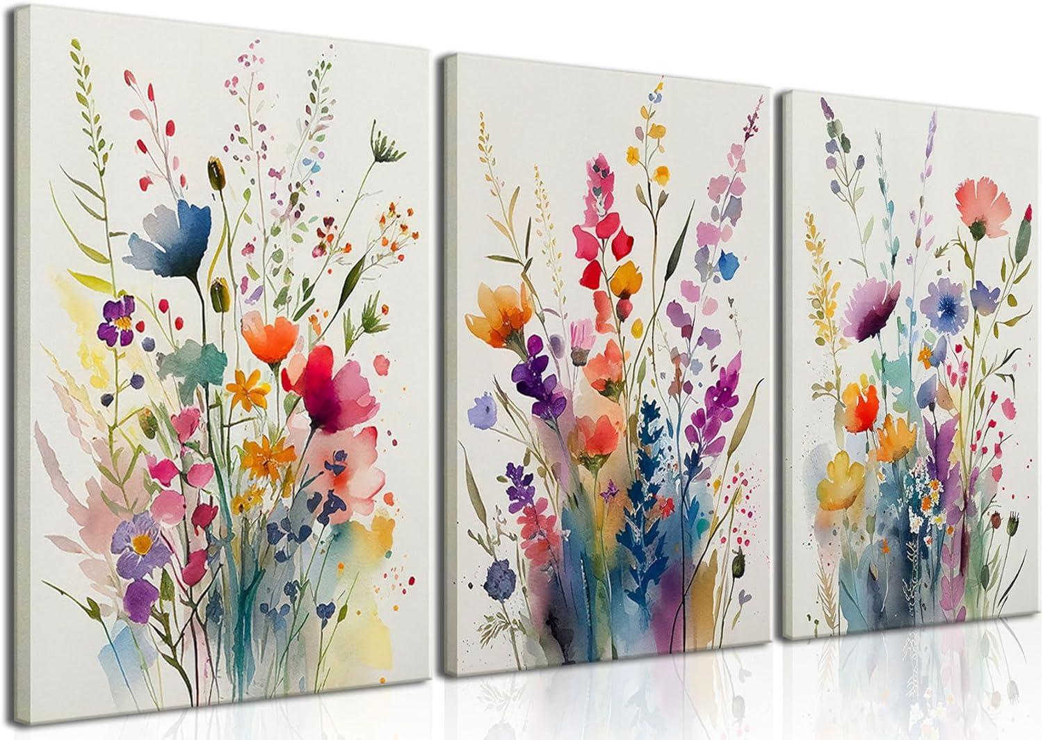 JRXY 3 Pcs Framed Watercolor Floral Botanical Canvas Wall Art Colorful Wildflower Plant Paintings Prints Posters 12x16 in