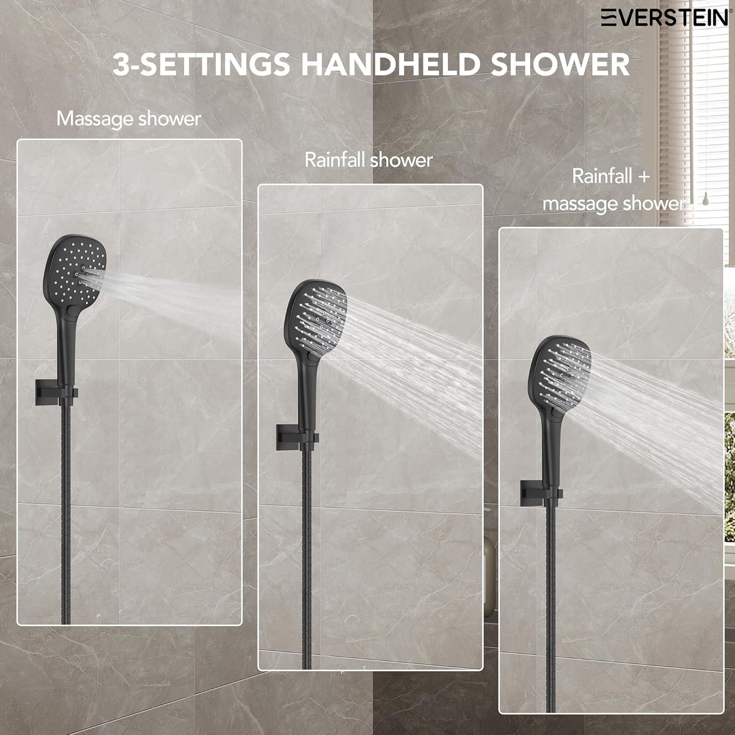 YAWWALK 10" Shower Head with 3-Spray Patterns Handheld in Matte Black (Valve Included)