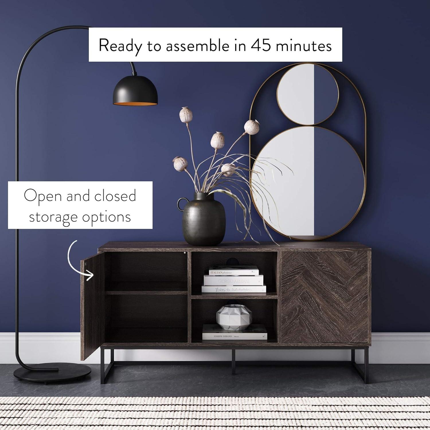 Nathan James Dylan Media Console Cabinet TV Stand with Hidden Storage Herringbone Pattern Wood Metal, Gray/Black