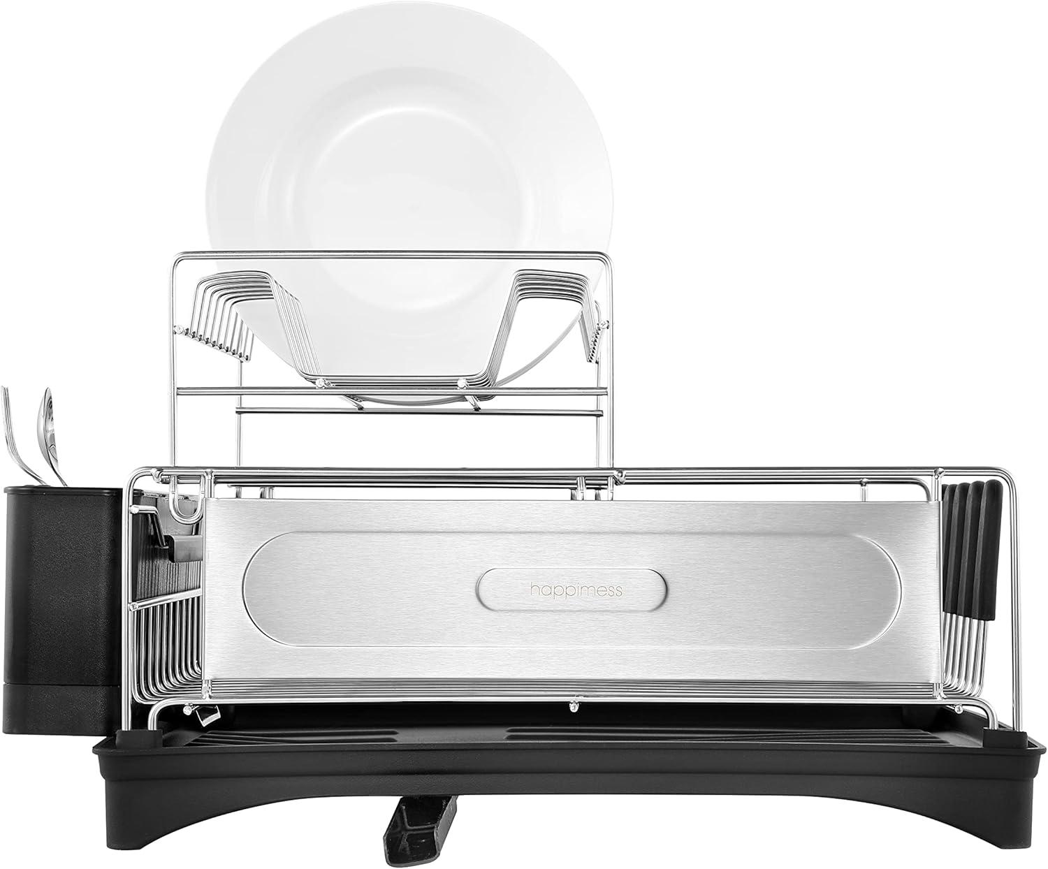 happimess Compact 18.25" 2-Tier Fingerprint-Proof Stainless Steel Dish Drying Rack with Swivel Spout Tray, Stainless Steel/Black