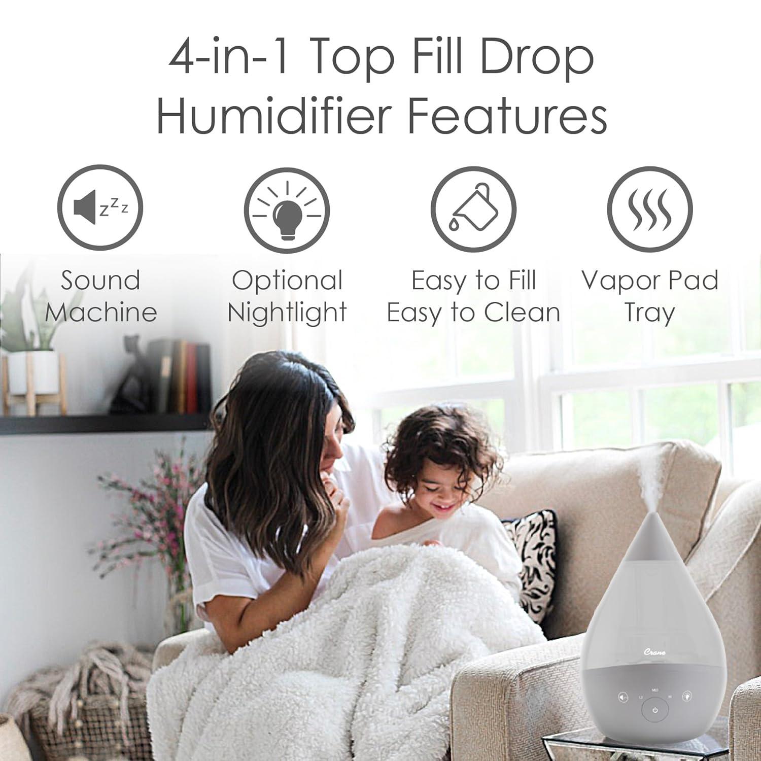Crane USA Drop 2.0 , 4-in-1 Cool-Mist Humidifier with Aroma Tray & Sound Machine