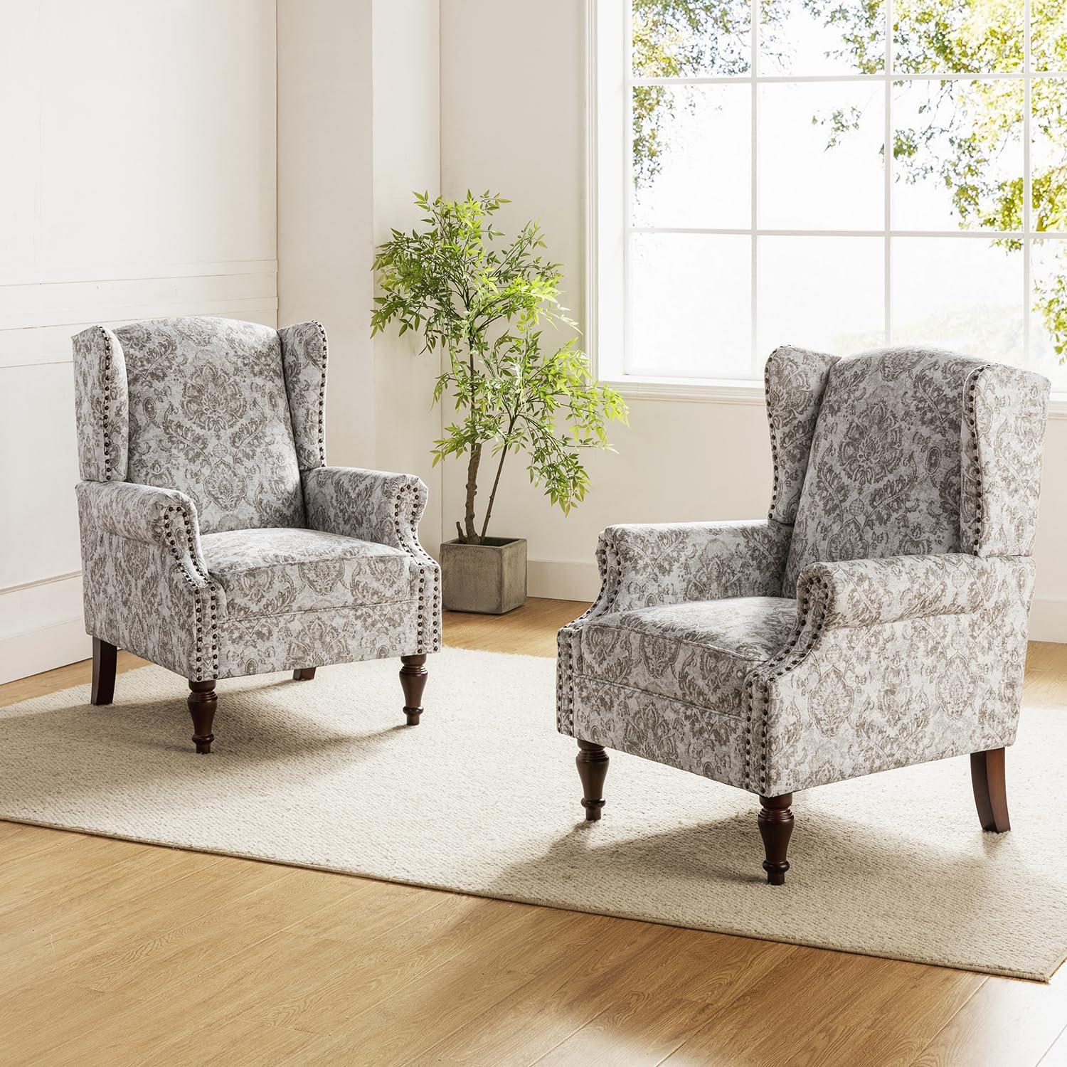 Beige Floral Pattern Wingback Accent Chairs with Wooden Legs