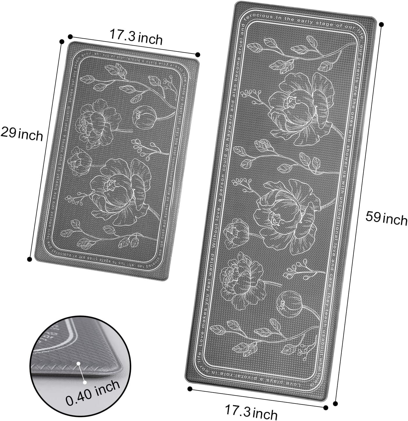 Kitchen Rug Set of 2,  Gray 17"x59"+17"x29", Non-Slip Waterproof  Kitchen Floor Mat, Cushioned Anti Fatigue Kitchen Mat