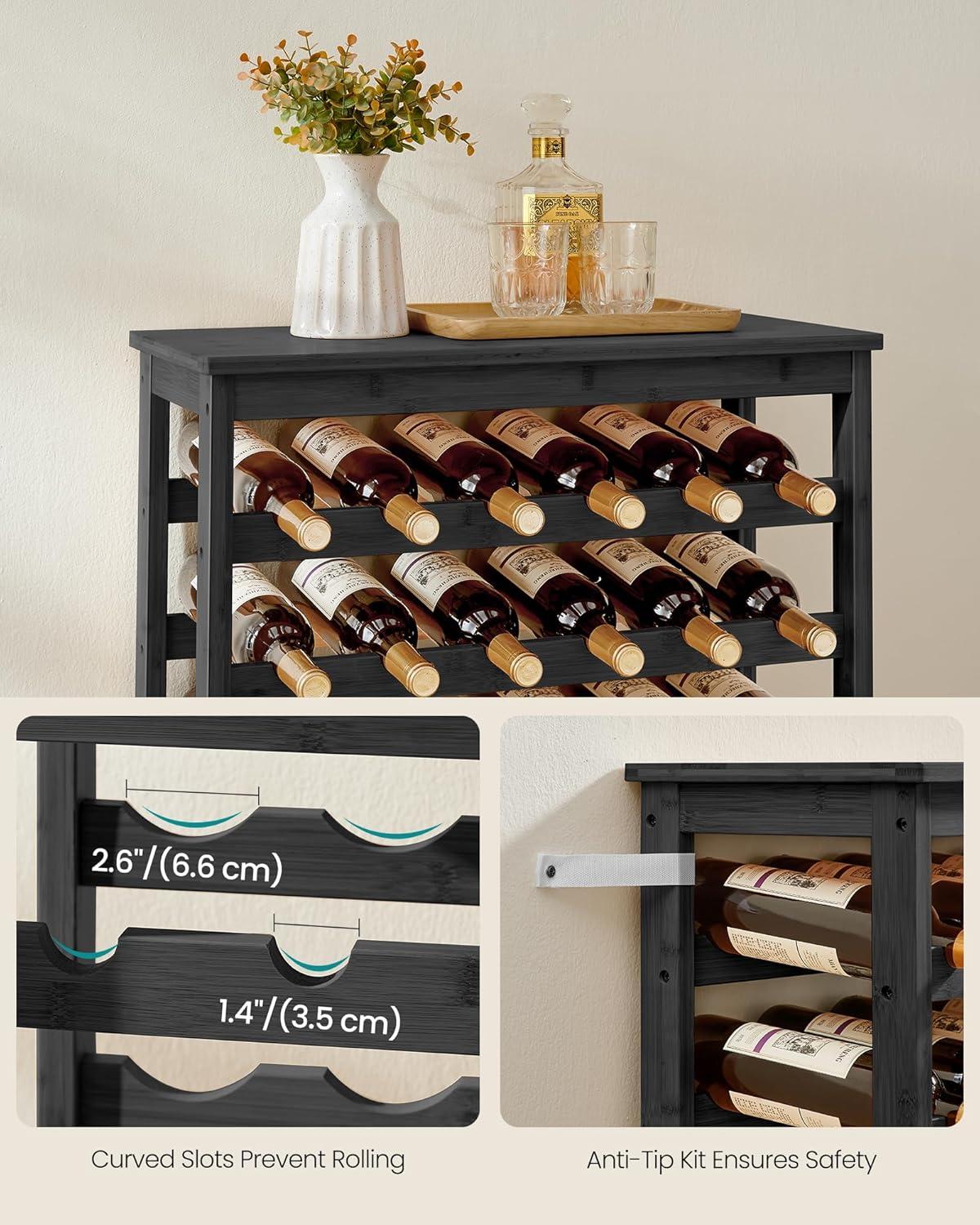 SONGMICS 42-Bottle Wine Rack Free Standing Floor, 7-Tier Display Wine Storage Shelves with Table Top, Bamboo Wobble-Free Bottle Holder, Ink Black