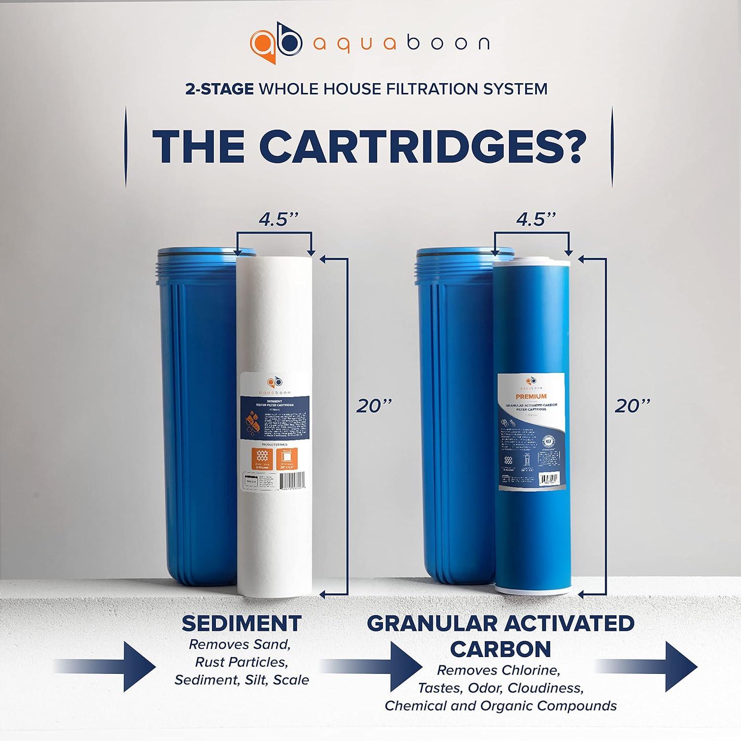 2-Stage 20" Whole House Filtration System by Aquaboon+Housing Bracket+Pressure Gauges+GAC Filter+Sediment Filter Cartridges